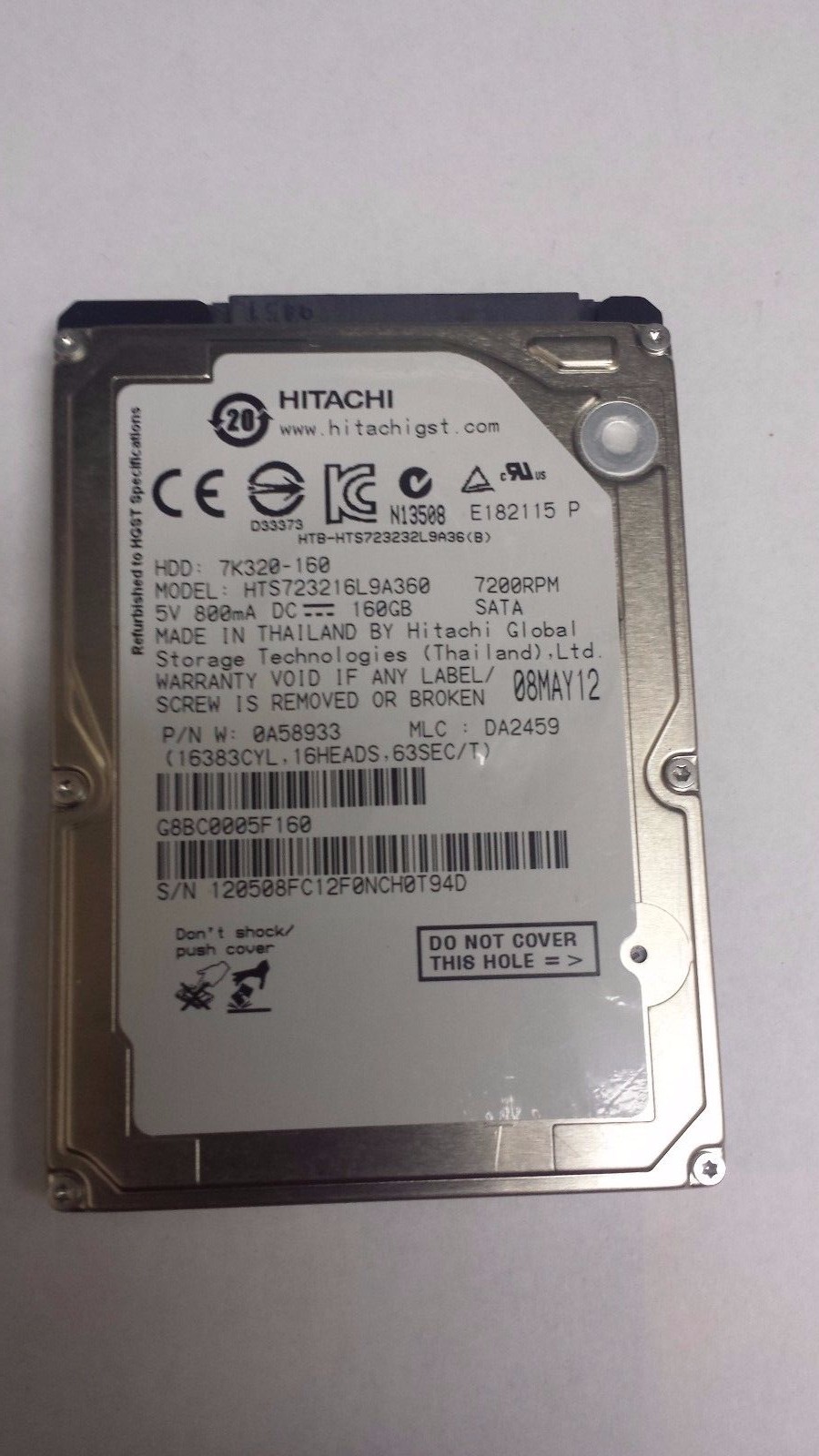 Hitachi HTS723216L9A360 160GB 7.2K SATA2 2.5" Hard Drive 7K320-160
