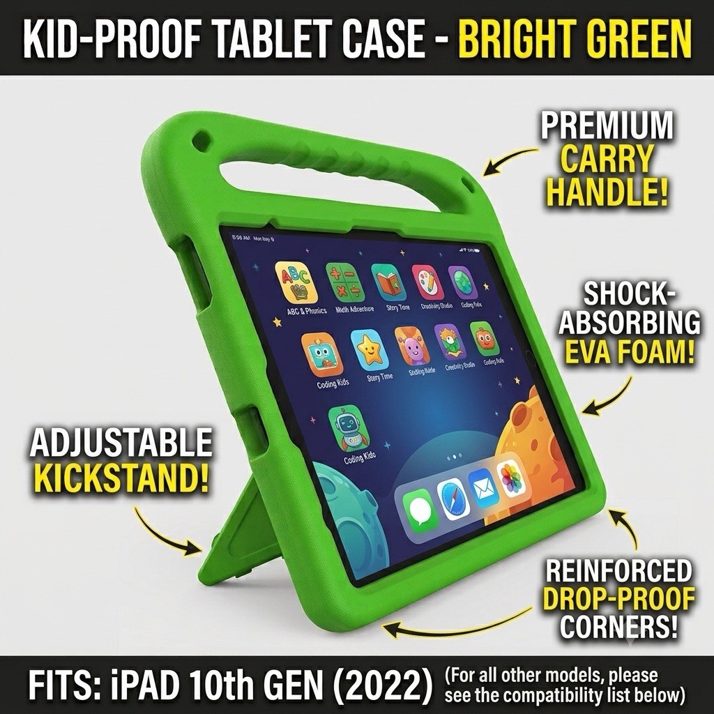 Kids Shock-Proof Case for iPad 10th Gen - Green, Handle & Stand