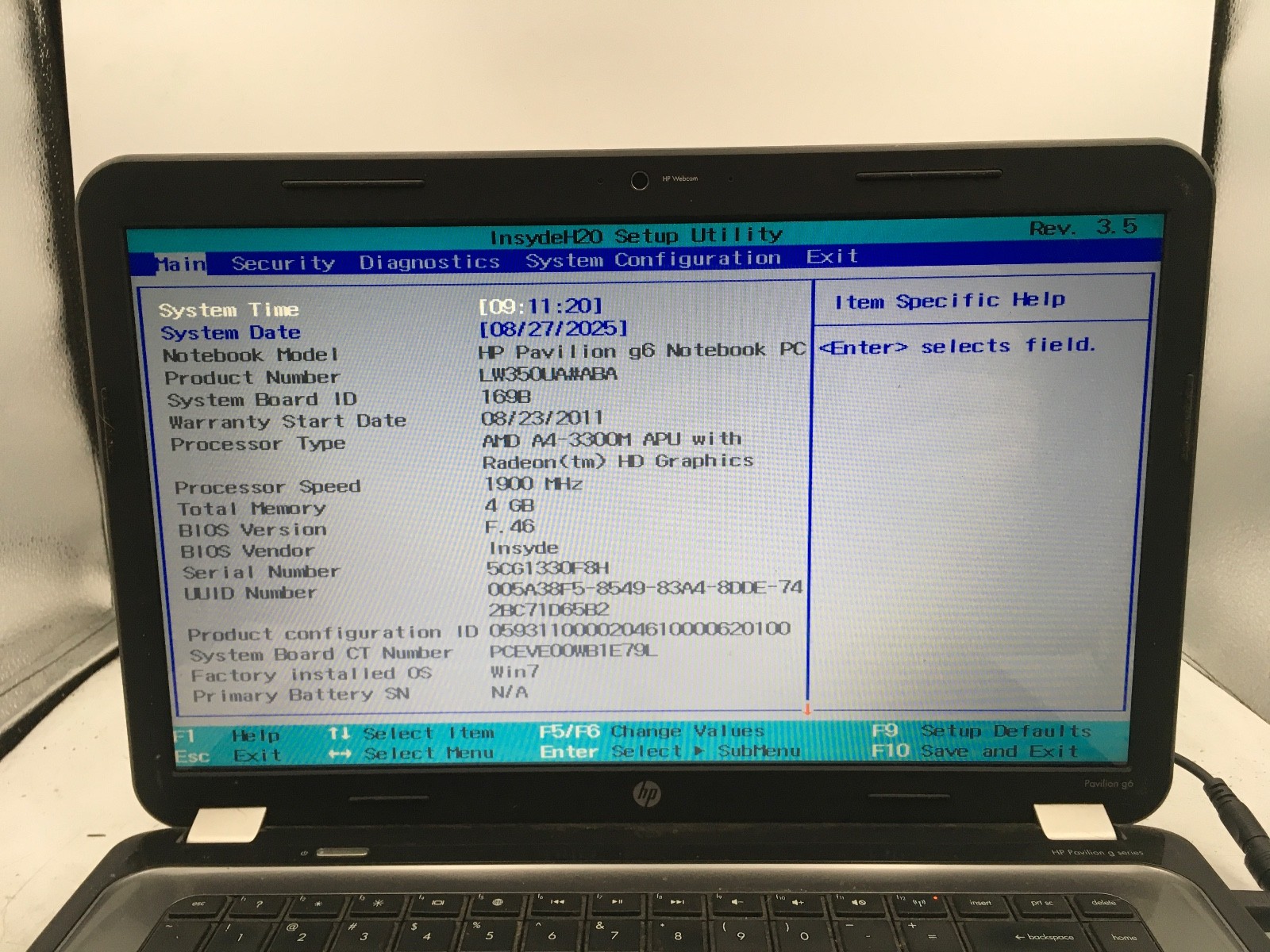 HP PAVILION G6 1B60US - BOOTS TO BIOS - AMD A4 3300M  - NO RAM - 16" - READ -BB