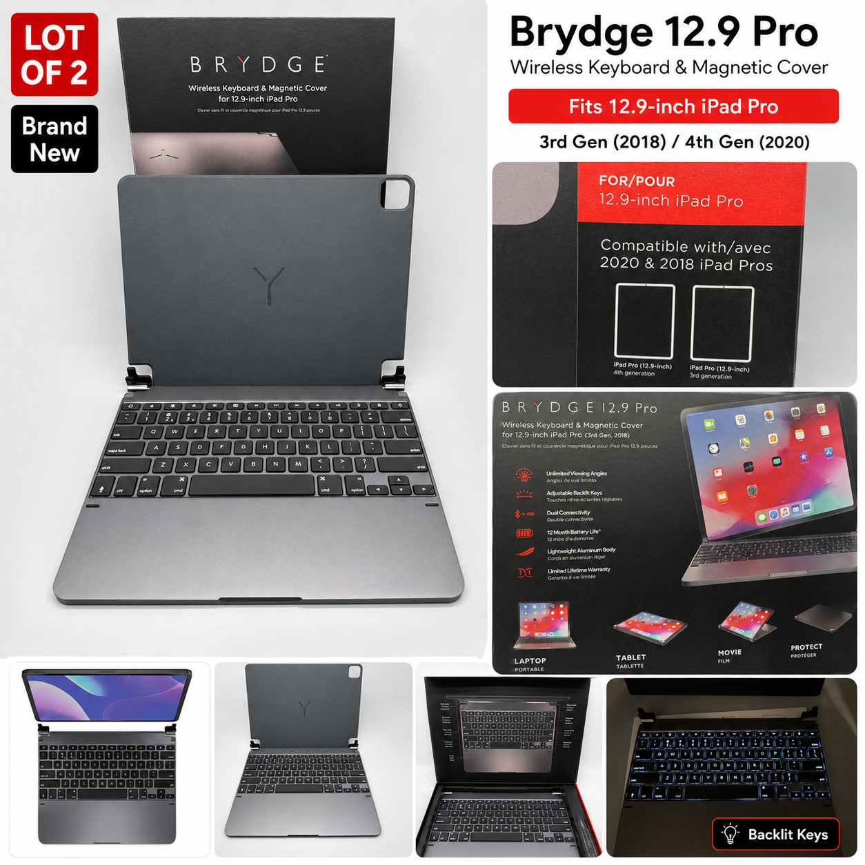 Lot of 2 Brydge Wireless Bluetooth Keyboard for iPad 12.9” Pro 3rd or 4th