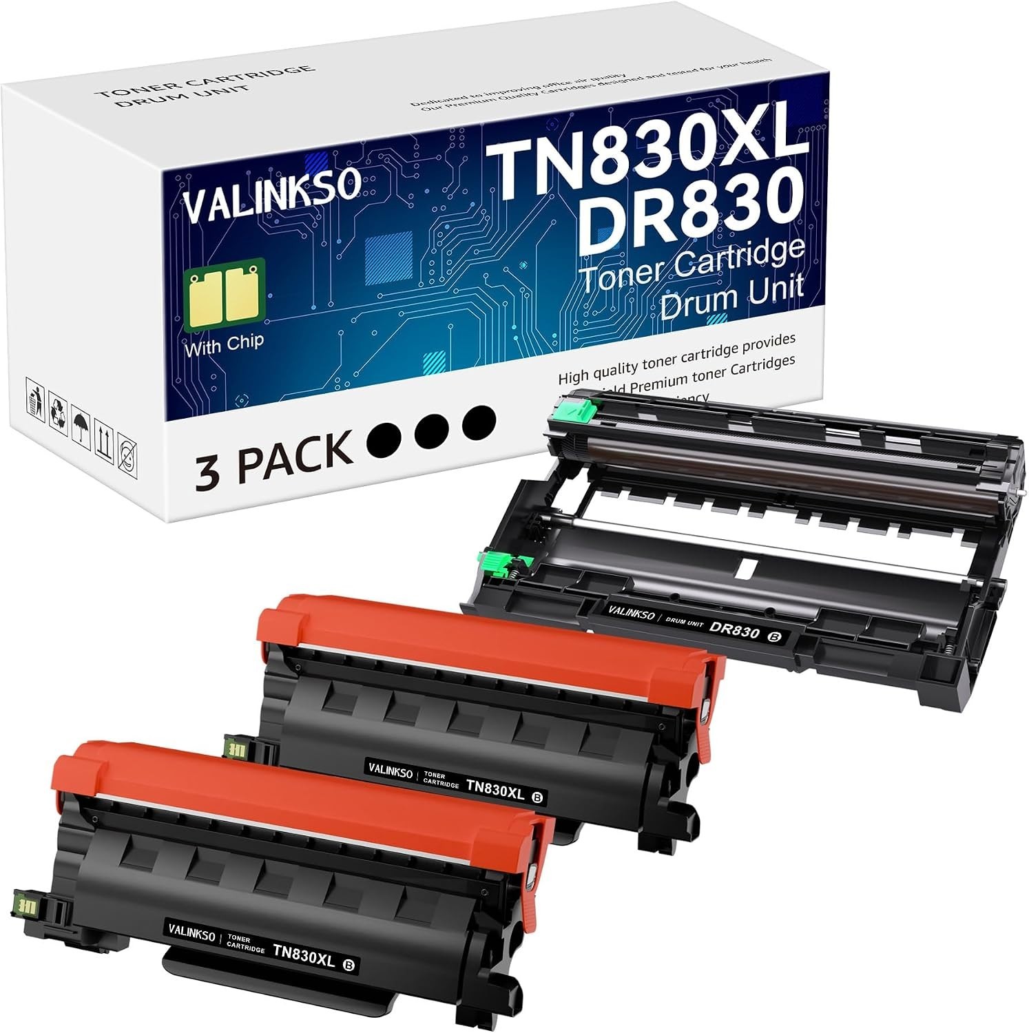 [2-pack Toner Cartridges] + [1 Drum Unit] TN830XL DR830 HL-L2405W Black Chip BN