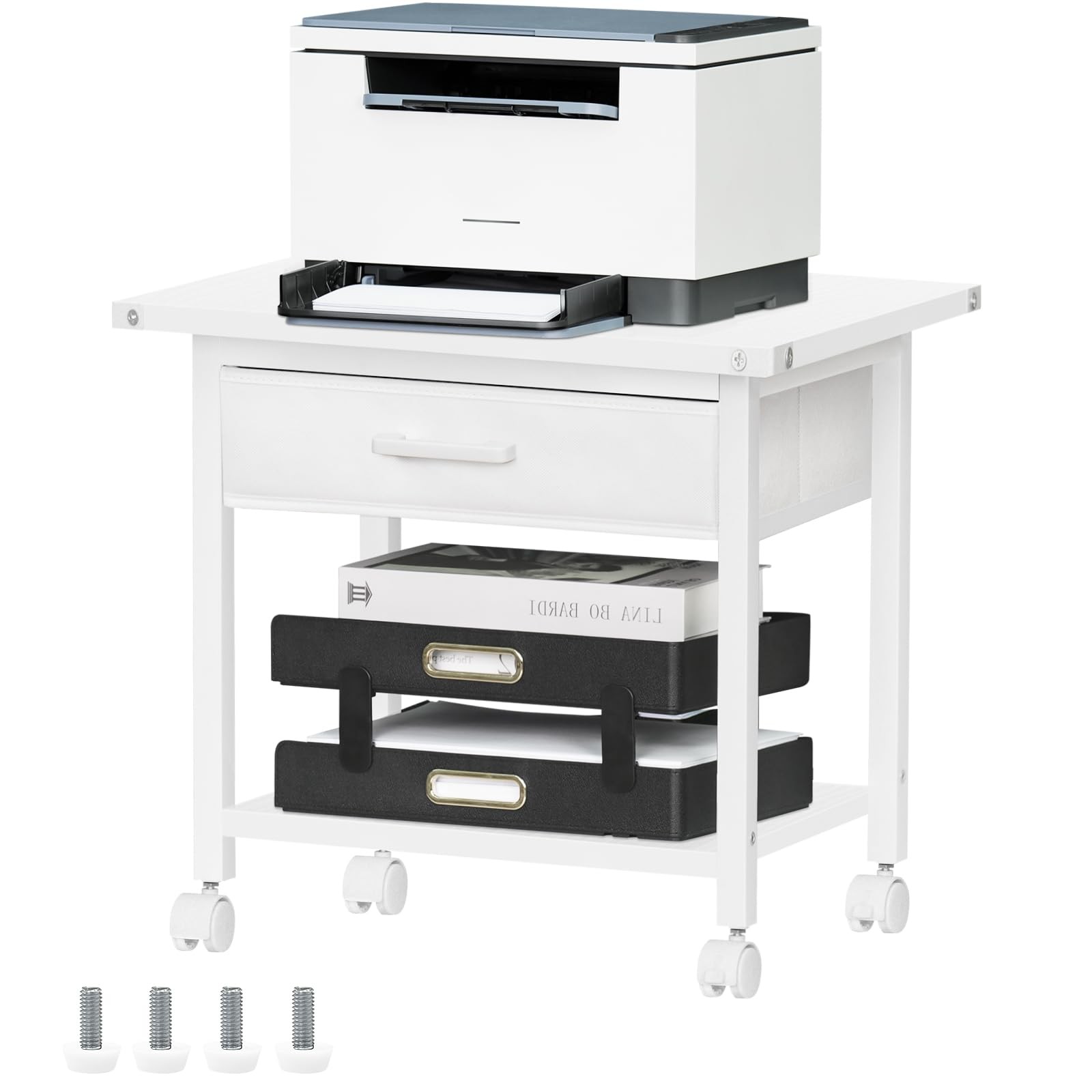 Lerliuo Under Desk Rolling Printer Stand with Drawer, 2Tier Industrial Mobile...