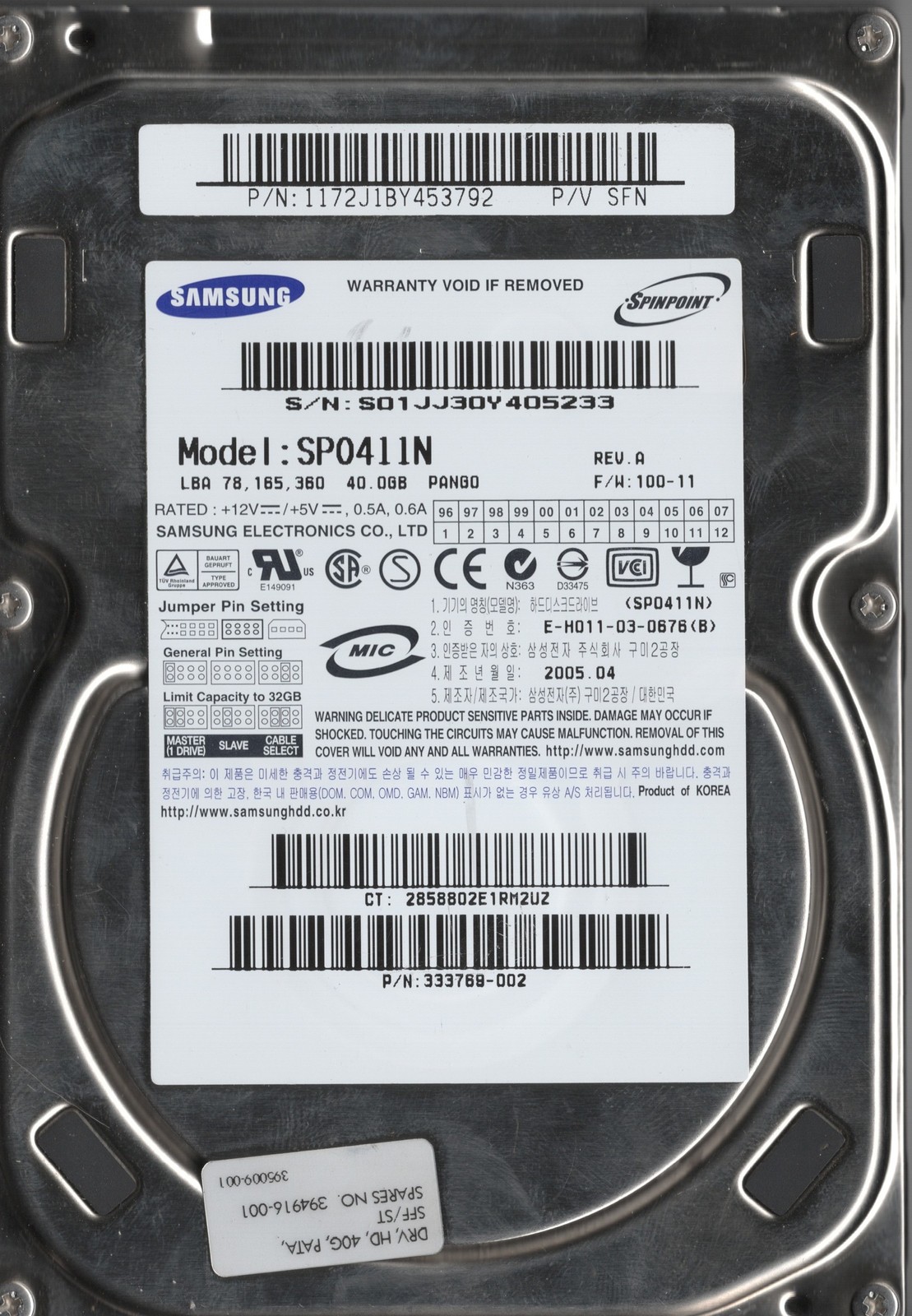 Samsung SpinPoint SP0411N 40GB IDE PATA 7200RPM 3.5 HDD HP 394916-001 NOS