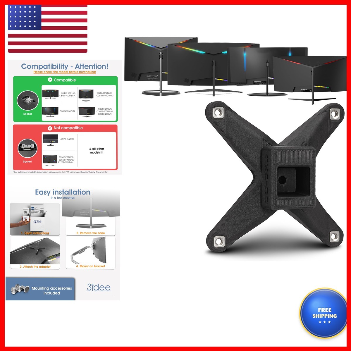 3IDEE VESA Mount Adapter for Sceptre C255B-FWT240 C305B-200UN C305W-2560UN