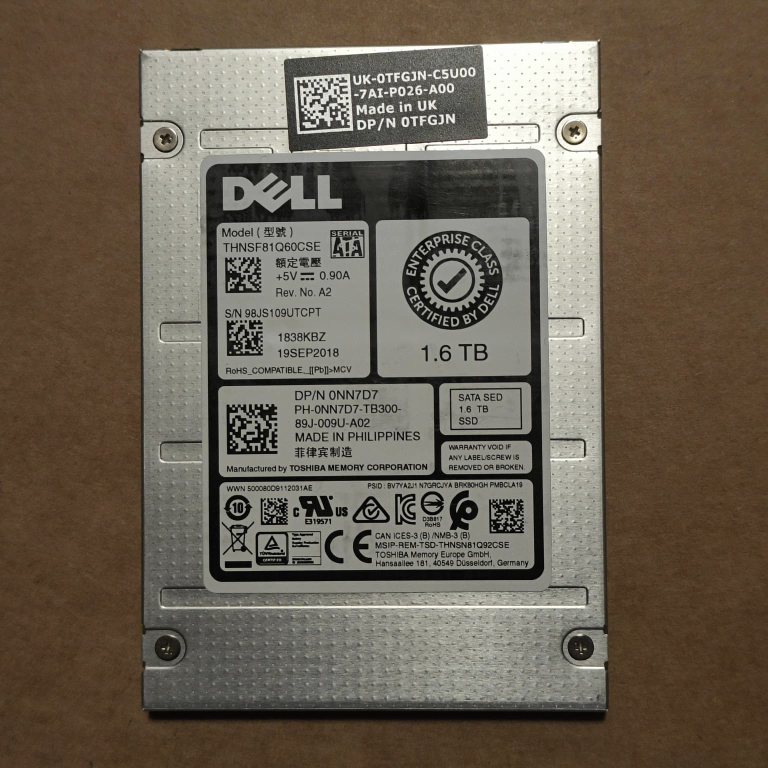 Dell Toshiba 1.6TB SSD SATA Enterprise 2.5" THNSF81Q60CSE NN7D7 MLC SED