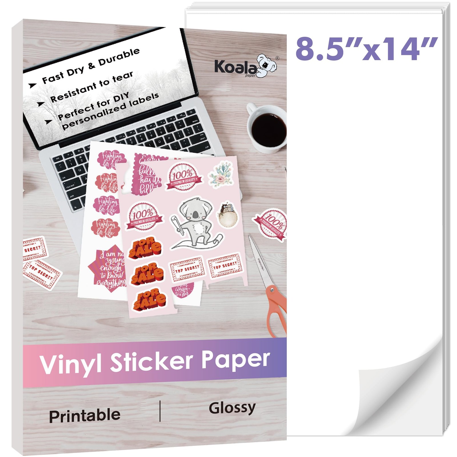 Printable Vinyl Sticker for Inkjet Printers, 8.5x14 Inch