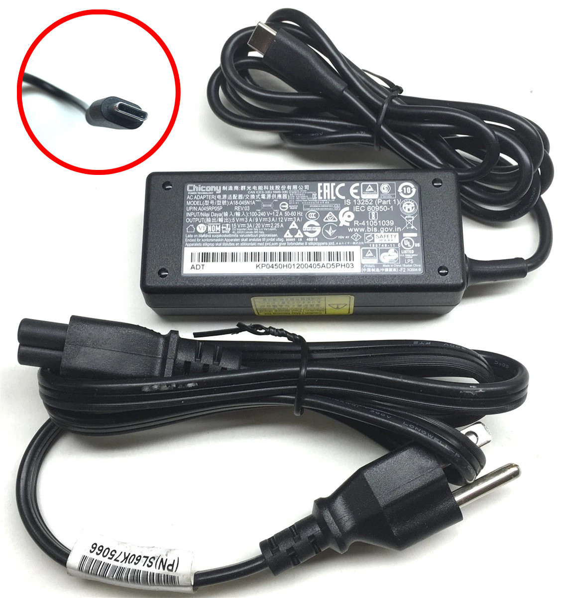 Chicony A18-045N1A USB-C 20V 2.25 Amp 45W Laptop AC Adapter Charger Power Supply