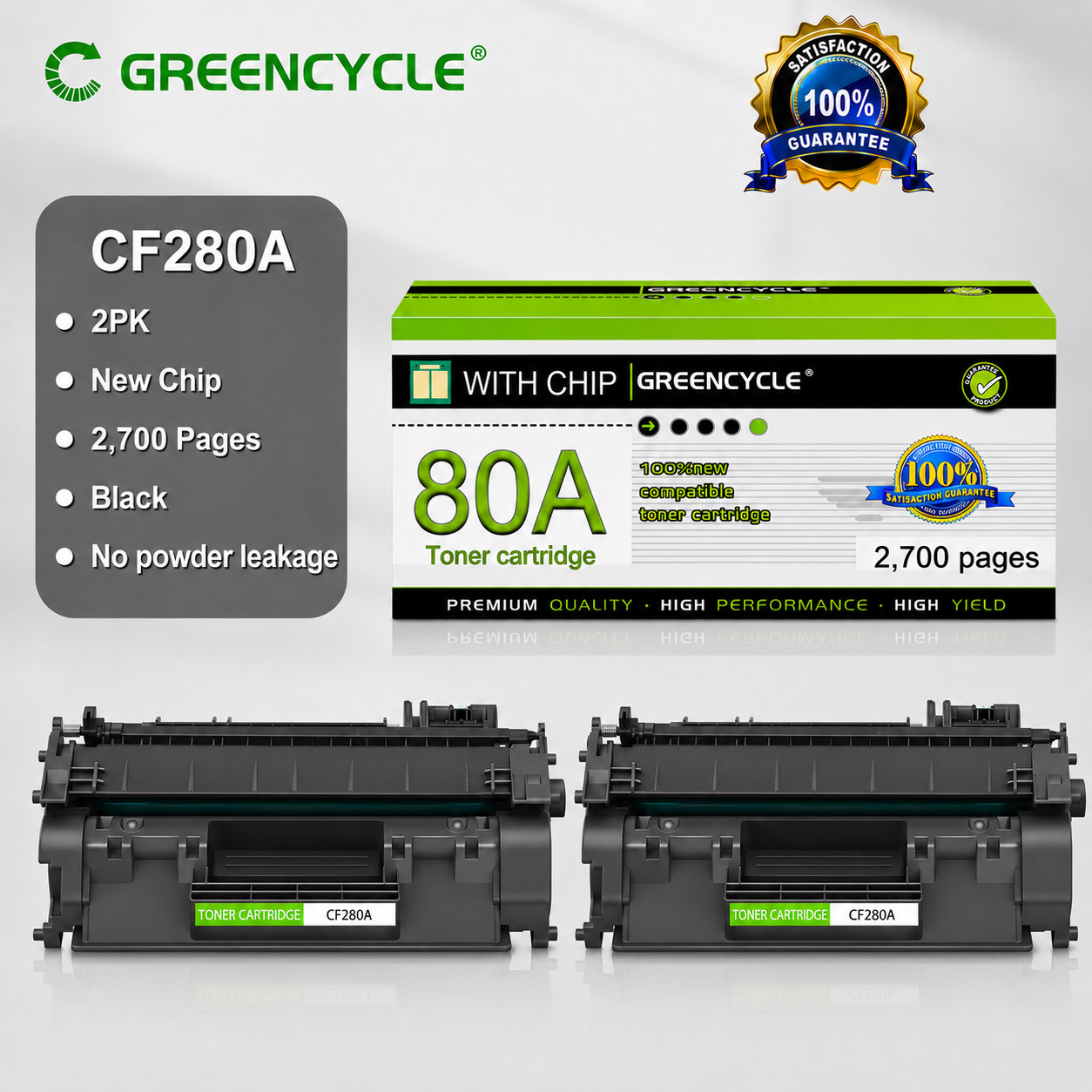 Two Pack Greencycle 80A Toner Cartridge HP CF280A M401dn M401n M425