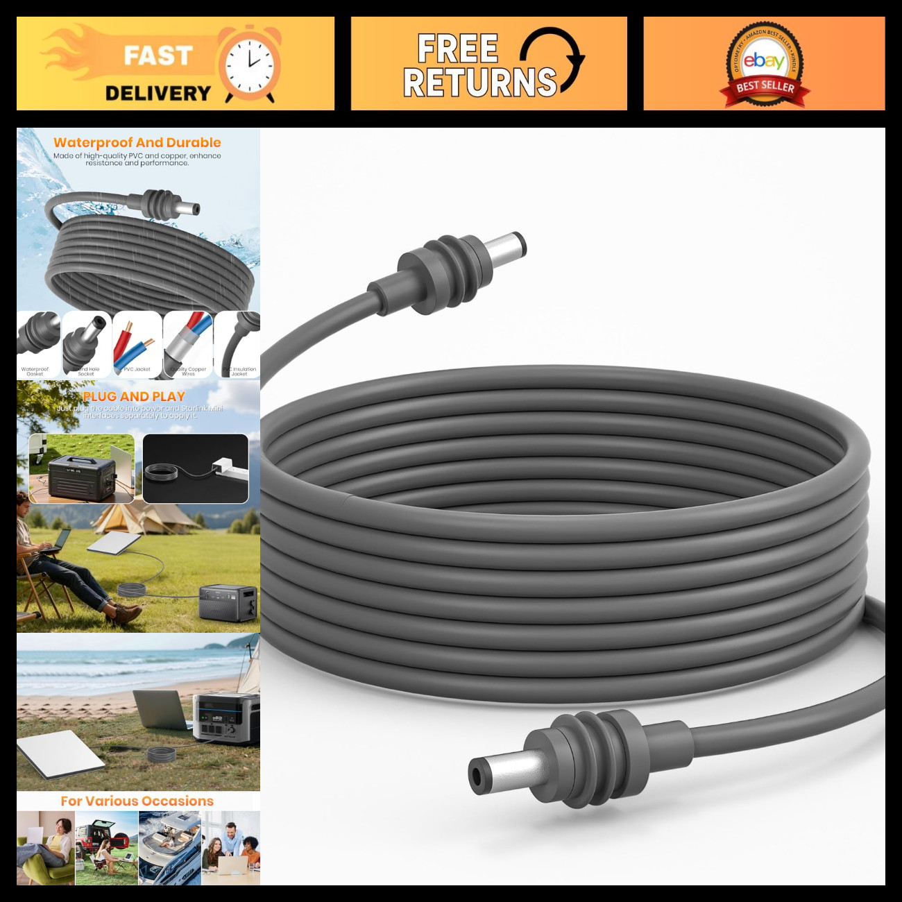 10FT Waterproof DC to DC Power Cable, 20AWG Mini Power Cord for RV, Camping, Out
