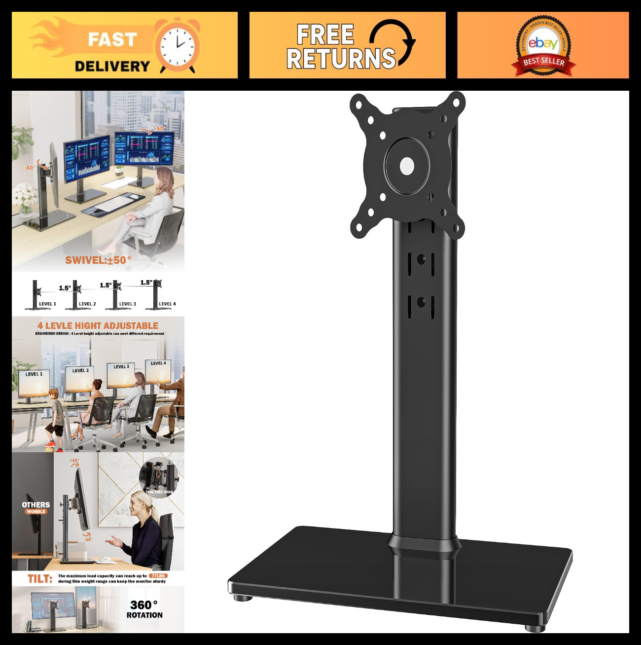 Adjustable Free-Standing LCD Monitor Stand for 13"-32" Screens, VESA, Swivel, 77