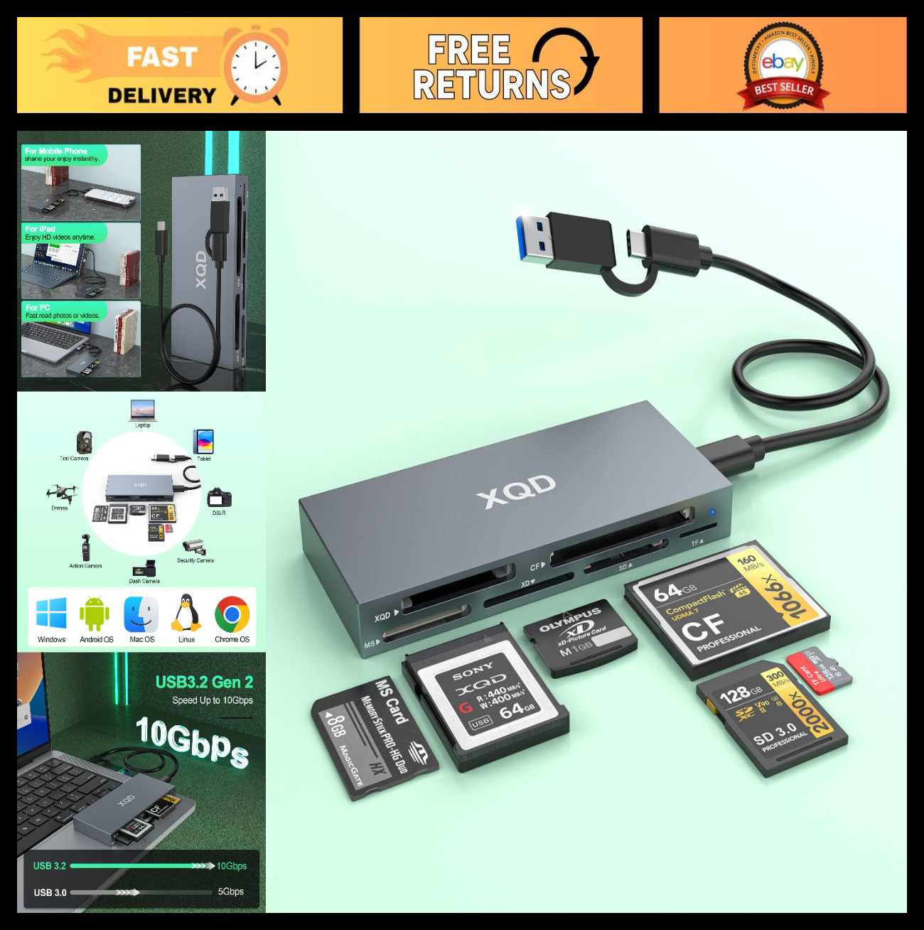 8-in-1 USB 3.0 Multi Card Reader for XQD/CF/SD/TF - 10Gbps Type C Adapter