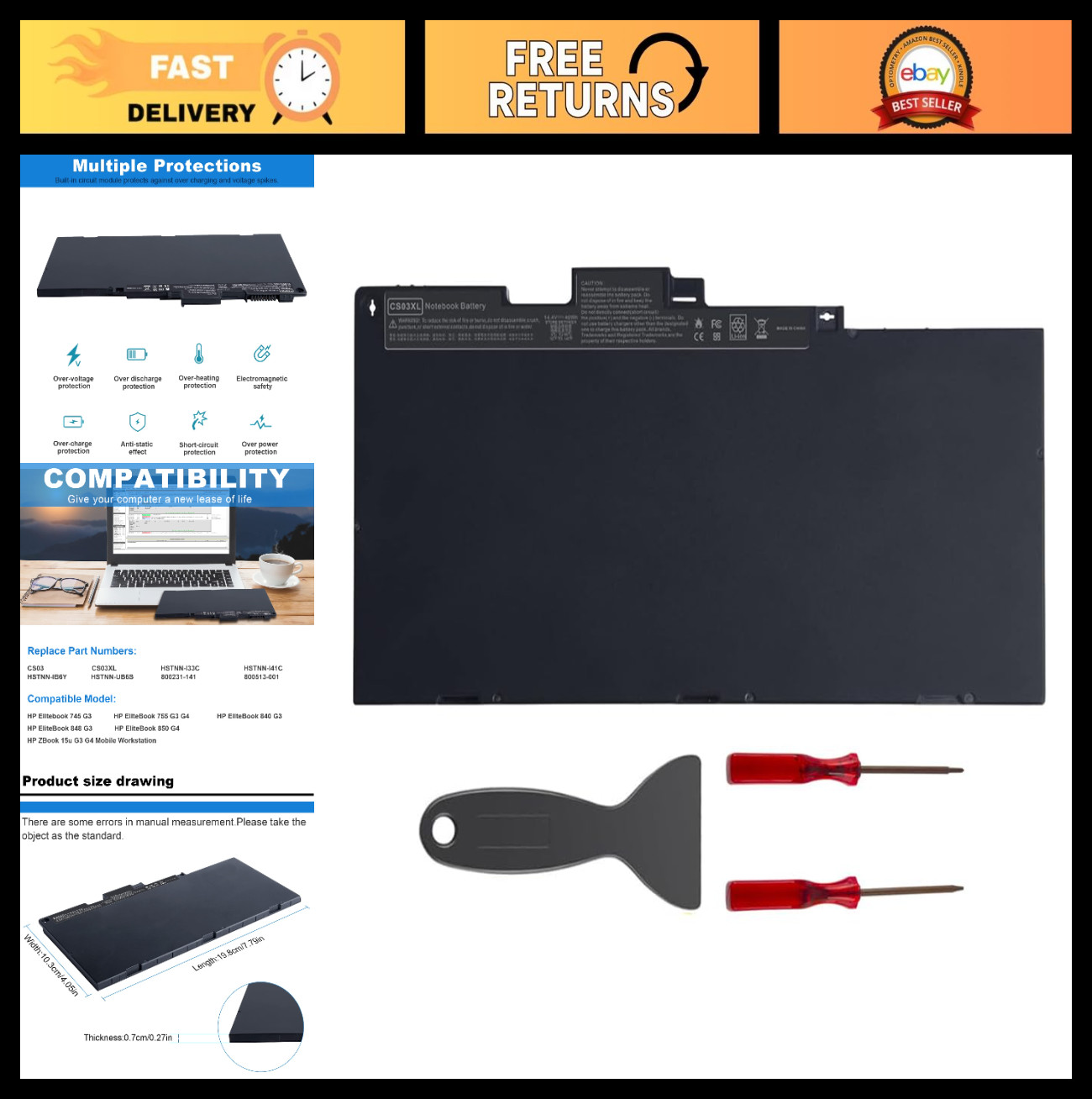 High-Capacity Laptop Battery for HP EliteBook 745/755/840/850, ZBook 15u, G3/G4