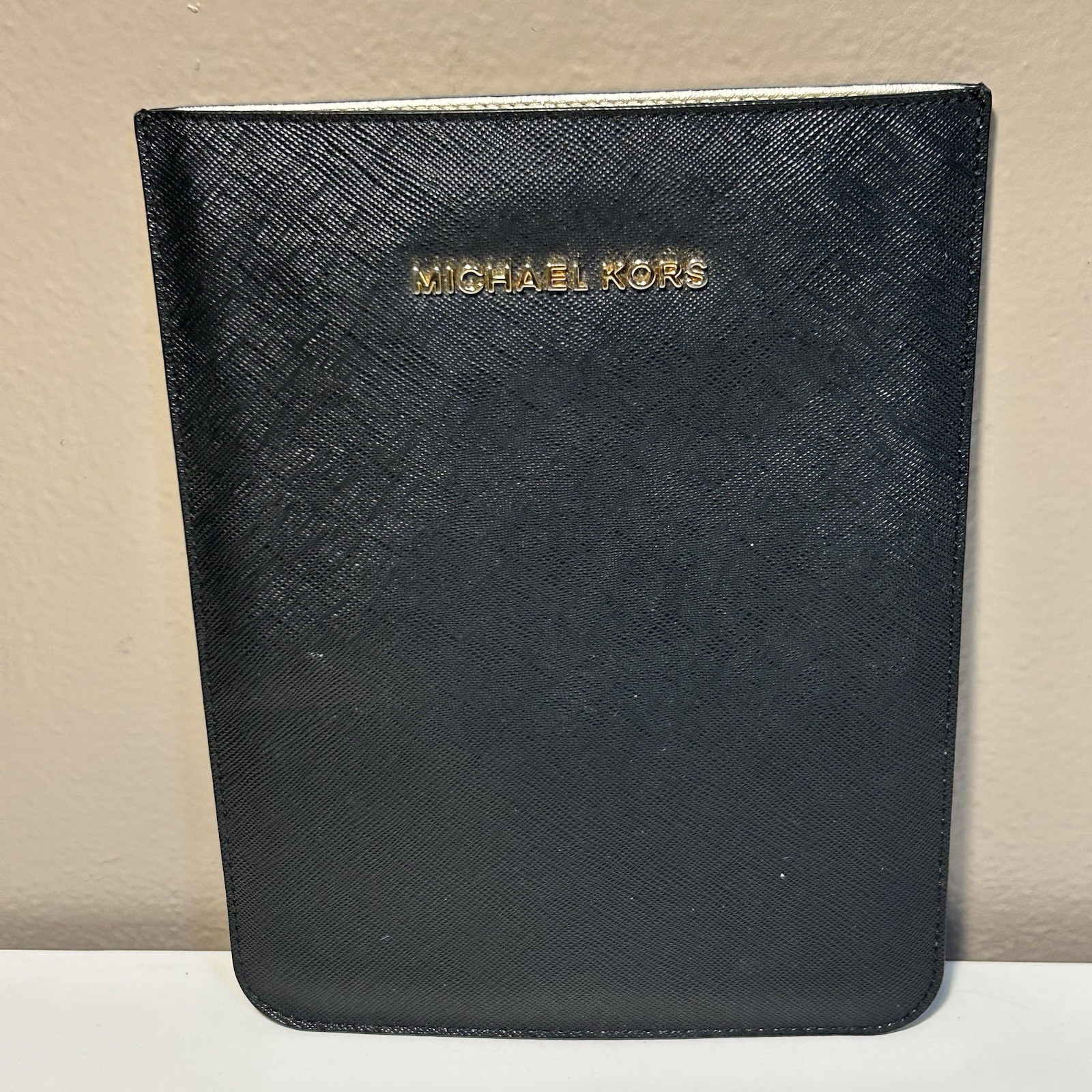 Michael Kors Black Gold Leather Mini iPad  E-reader Sleeve Pouch Case 8”x6”