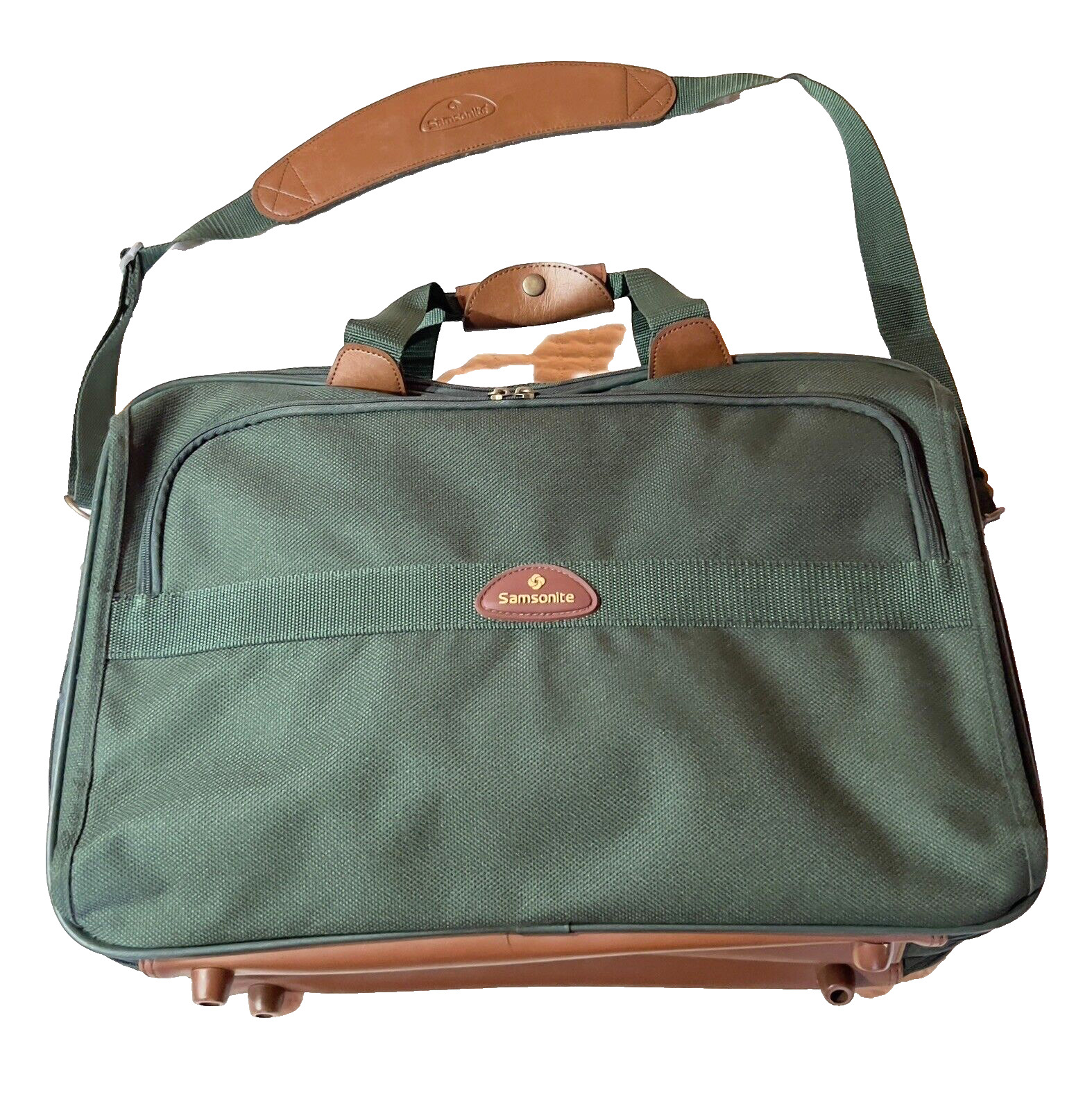VTG Samsonite Shoulder Carry Laptop Bag Green Brown Nylon 20In x 13In ZipBag
