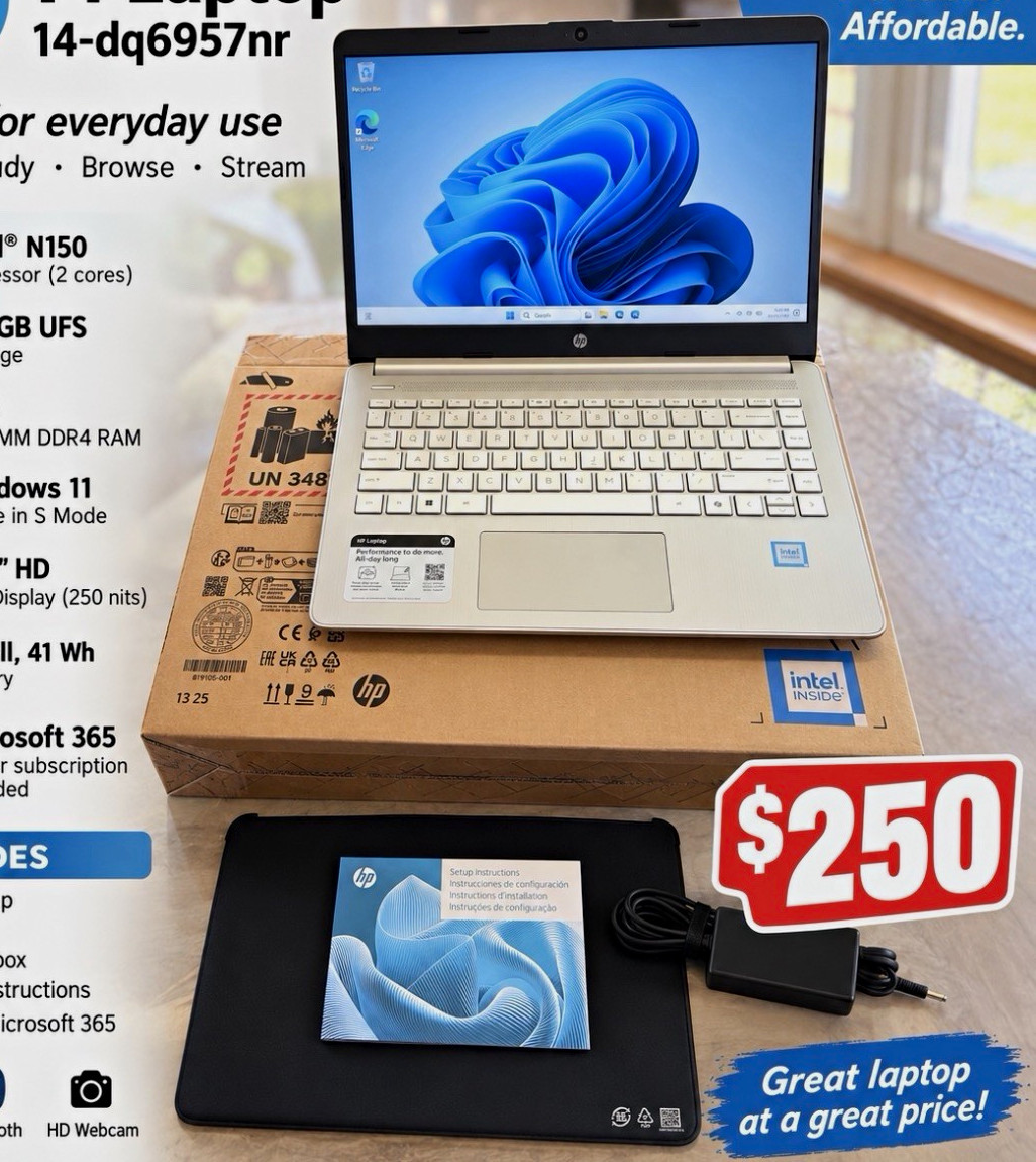 HP Laptop 14-dq6957nr 14" Intel N150 4GB 128GB UFS Win 11 S Silver