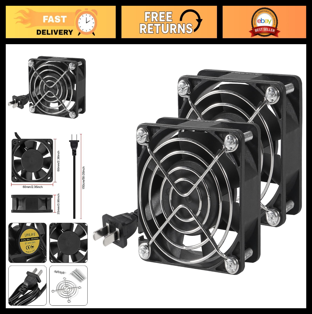 2-Pack 6025 EC Brushless Cooling Fan - 60mm x 25mm Axial, 110V-240V, Ball Bearin