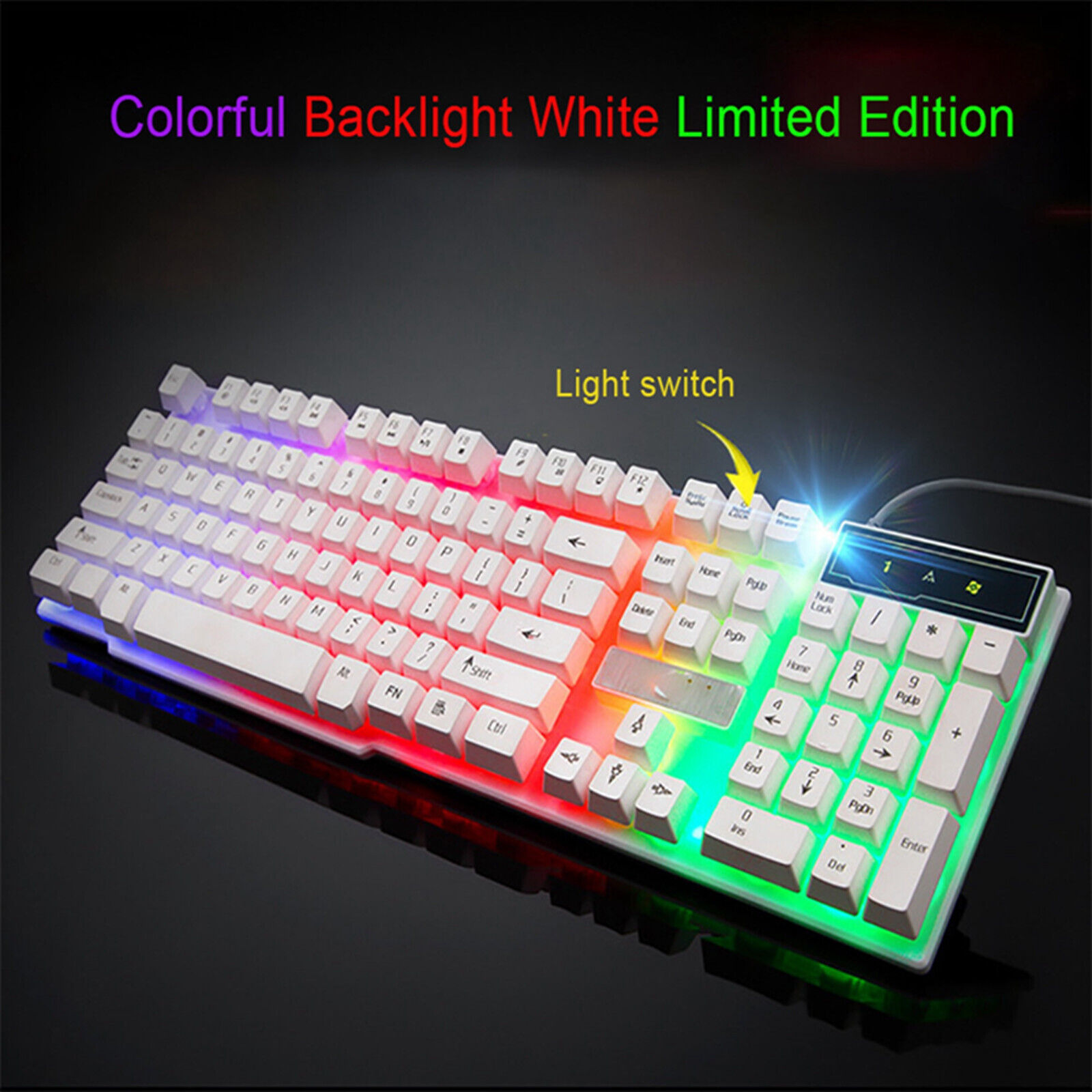 USBWired Gaming Keyboard Colorful Crack LED Illuminated Backlit Mechanical White