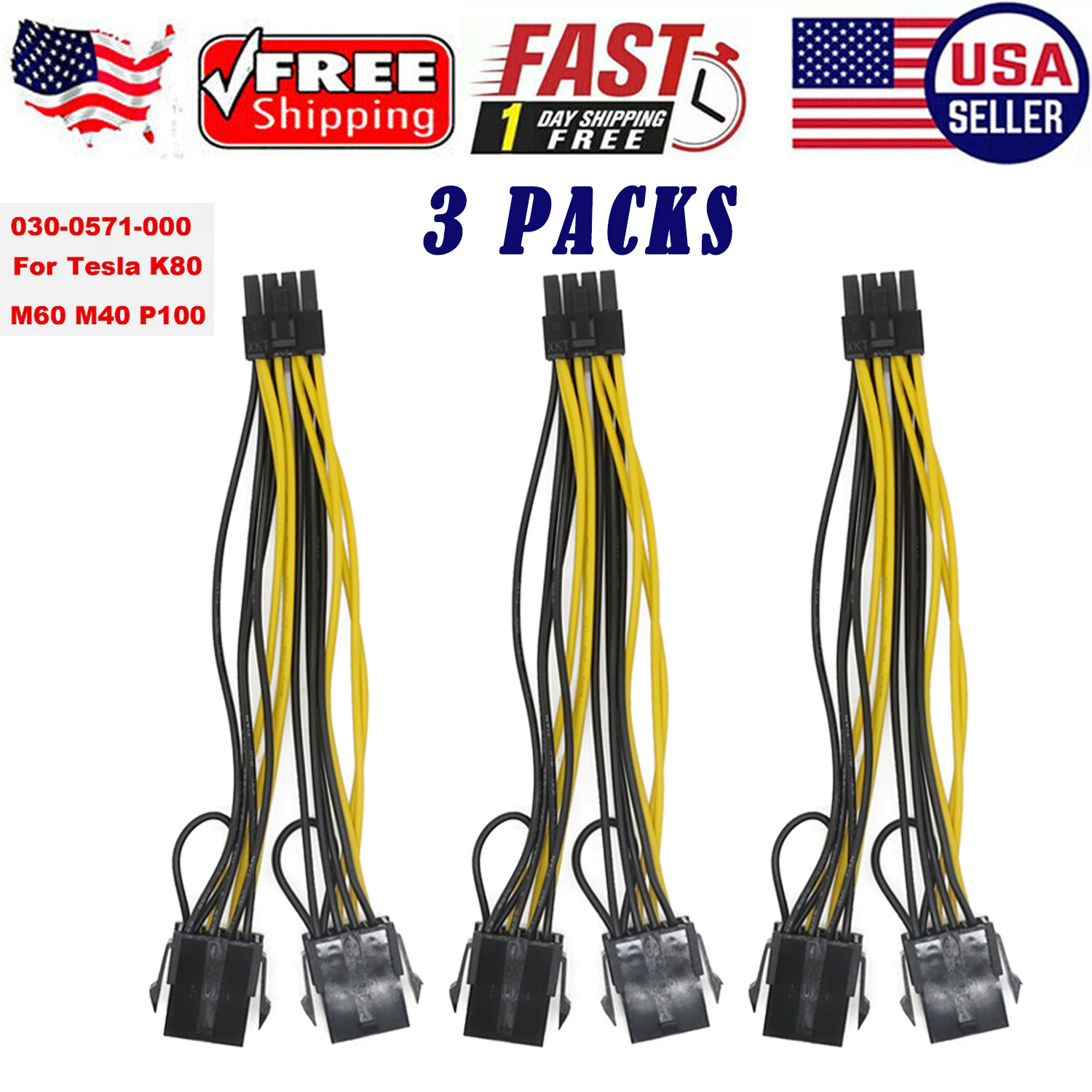 3PCS for NVIDIA Dual 8 to 8 Graphics Power Cable 030-0571 Tesla K80 M60 M40 P100