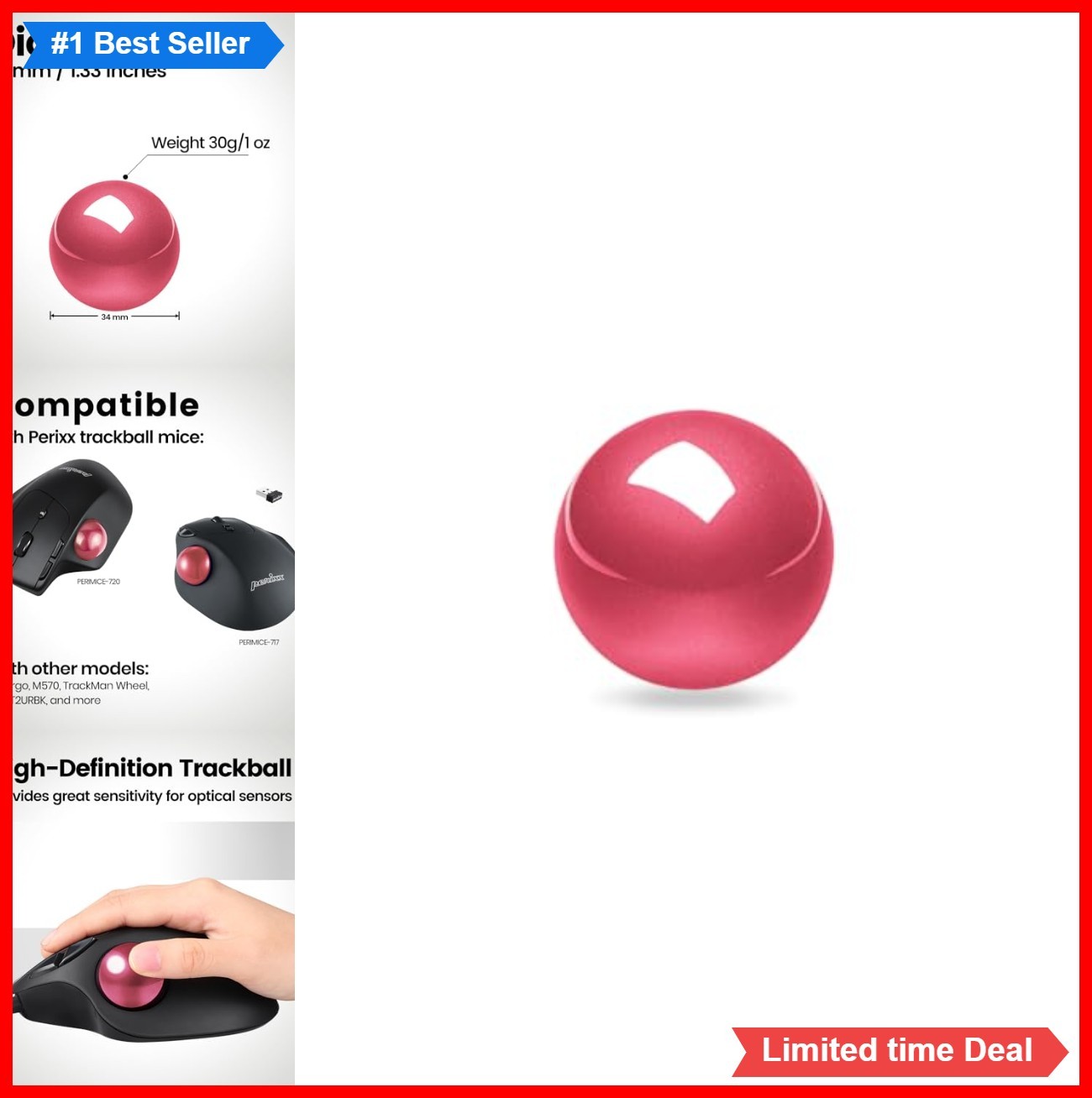 Replacement Trackball Ball 1.34 Inch 34mm Glossy Pink For Trackball Mouse