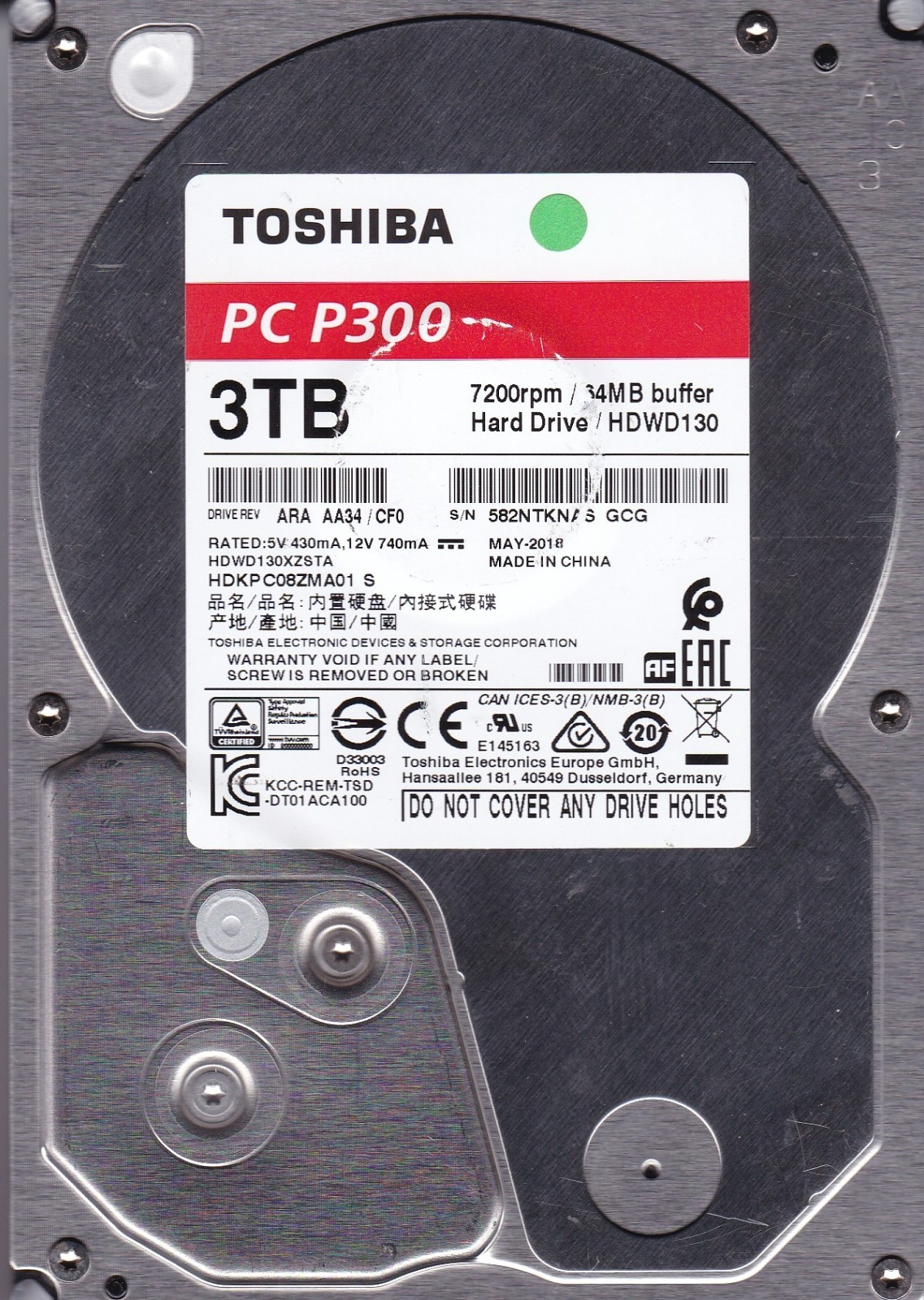 HDWD130 HDWD130XZSTA ARAAA34/CF0 HDKPC08ZMA01 S SATA 3.5" China MAY-2018 TOSHIBA