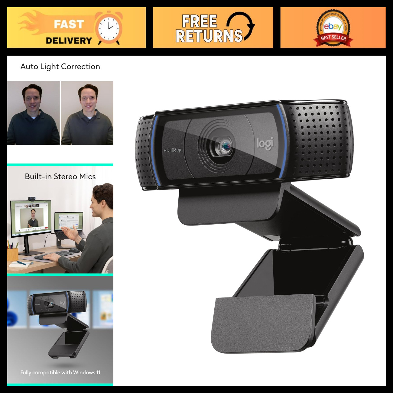 1080p HD Pro Webcam for PC, 30fps Video, USB Plug & Play, Ideal for Streaming
