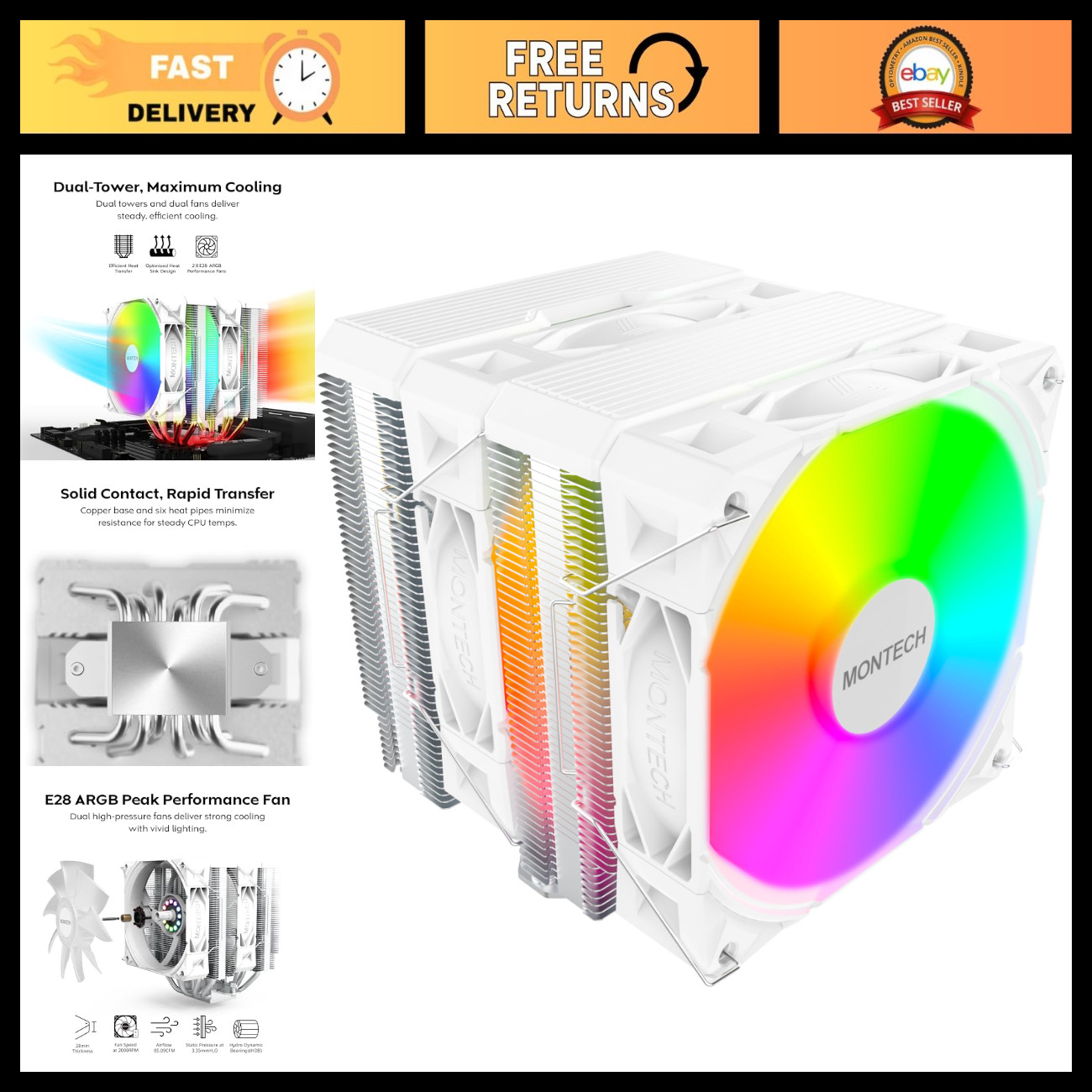 ARGB Dual-Tower CPU Air Cooler, 6 Heat Pipes, 2 Fans, White - High Performance C
