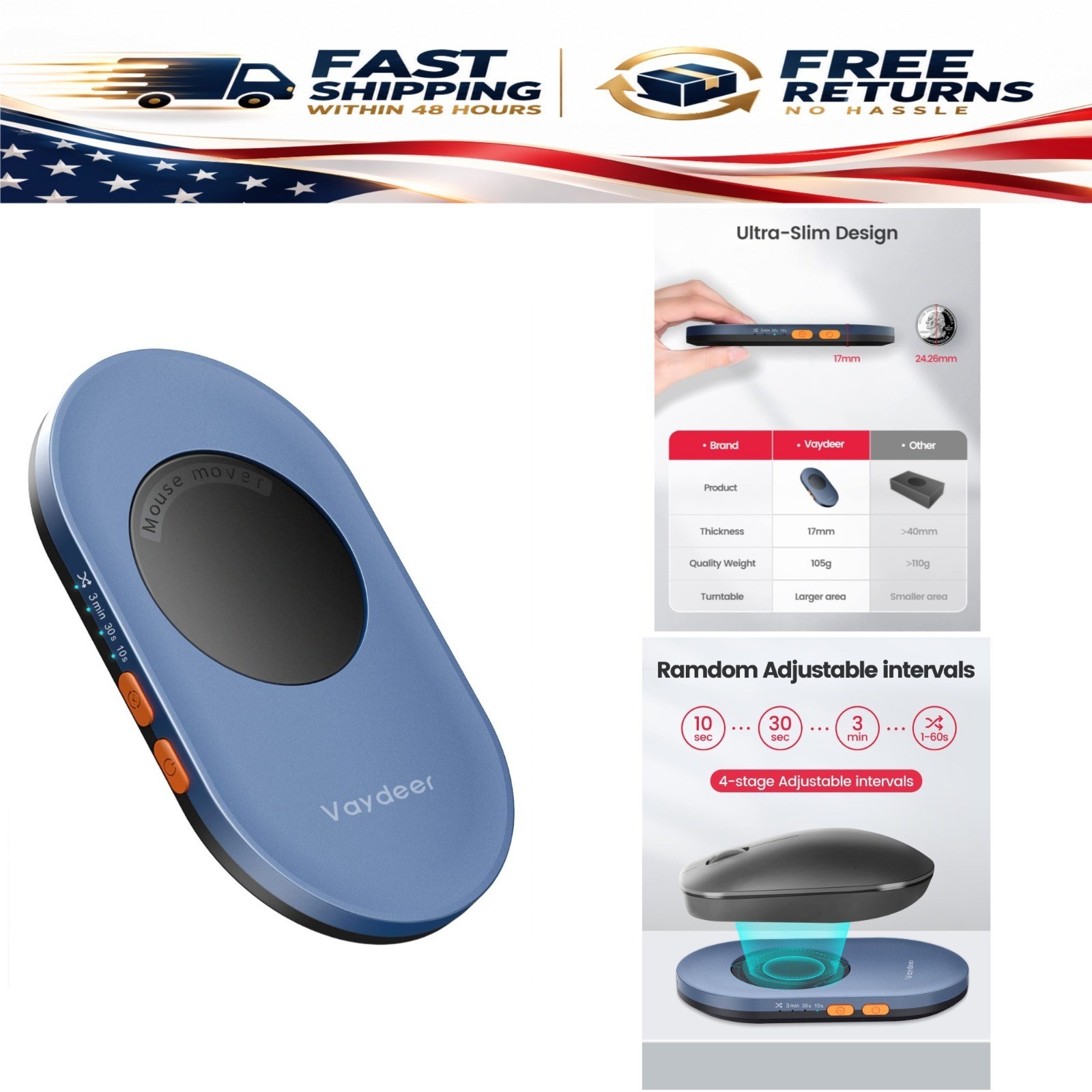 Vaydeer Undetectable Mouse Mover Air 3 Jiggler with Adjustable Timer USB