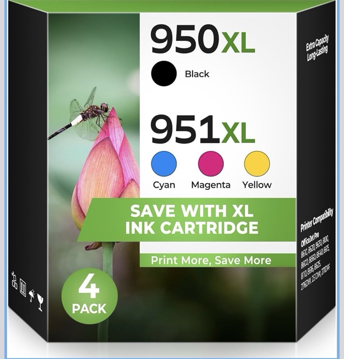 XL Ink Cartridge for HP 950XL 951XL, Black/Cyan/Magenta/Yellow, 4-Pack
