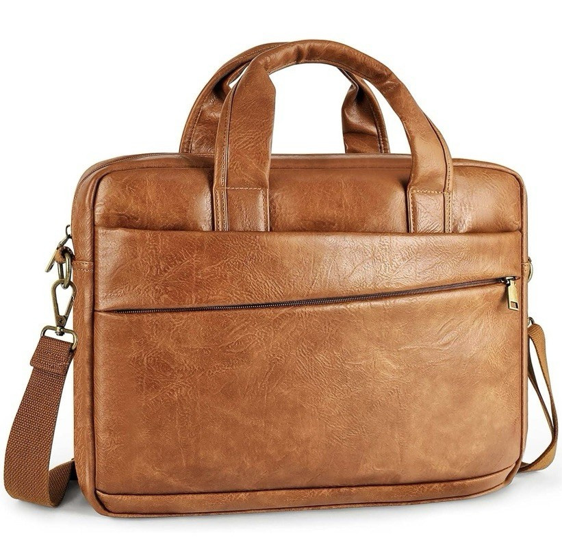 Brown PU Leather Laptop Briefcase, Water Resistant, Adjustable Strap, 16-16.5"