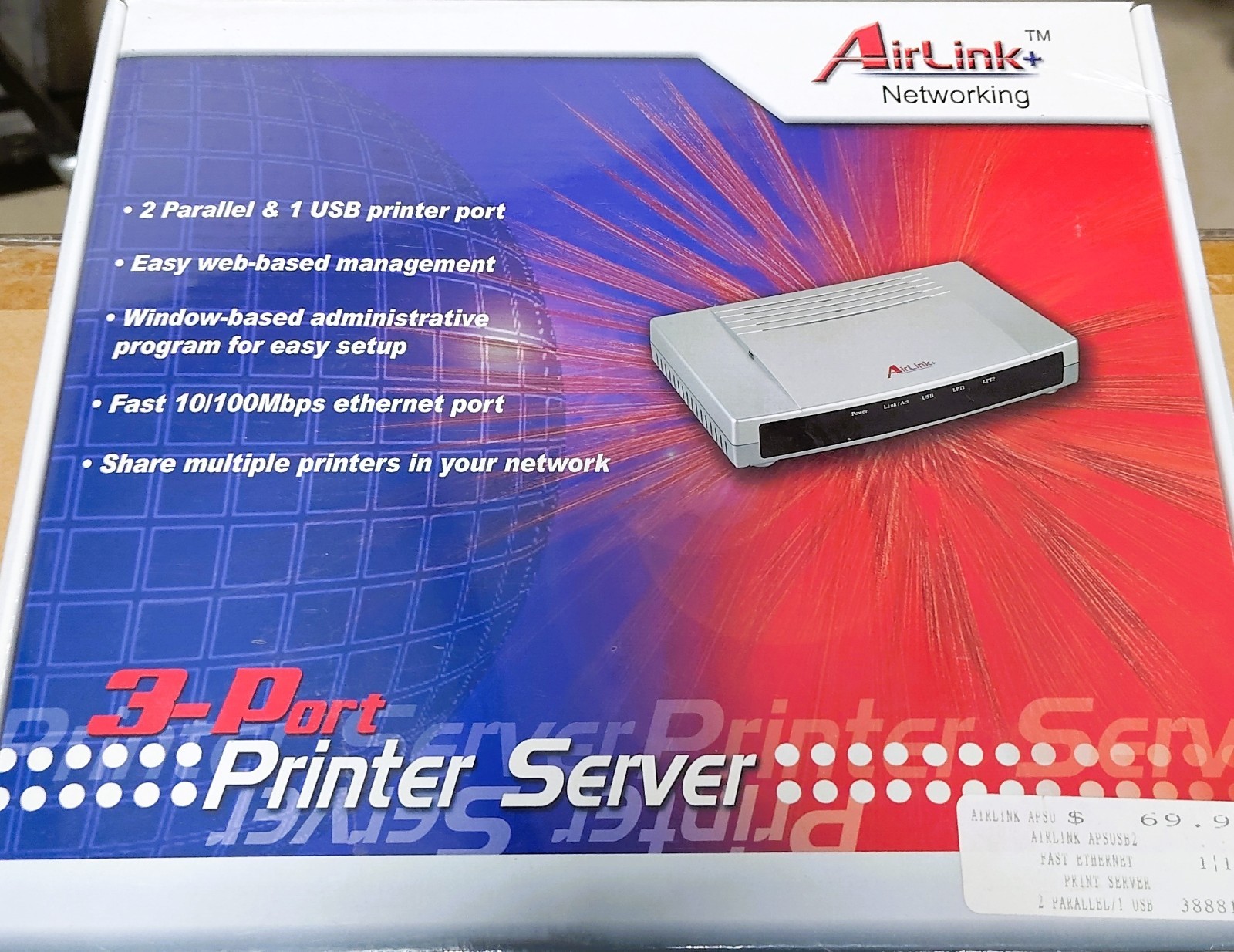 AirLink Plus + 3 Port Printer Server 2 Parallel 1 USB Windows 10/100 Mbps - New