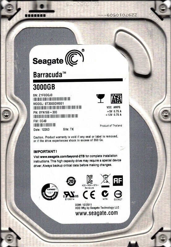 Seagate ST3000DM001 P/N: 9YN166-300 F/W: CC49 TK 3TB Z1F