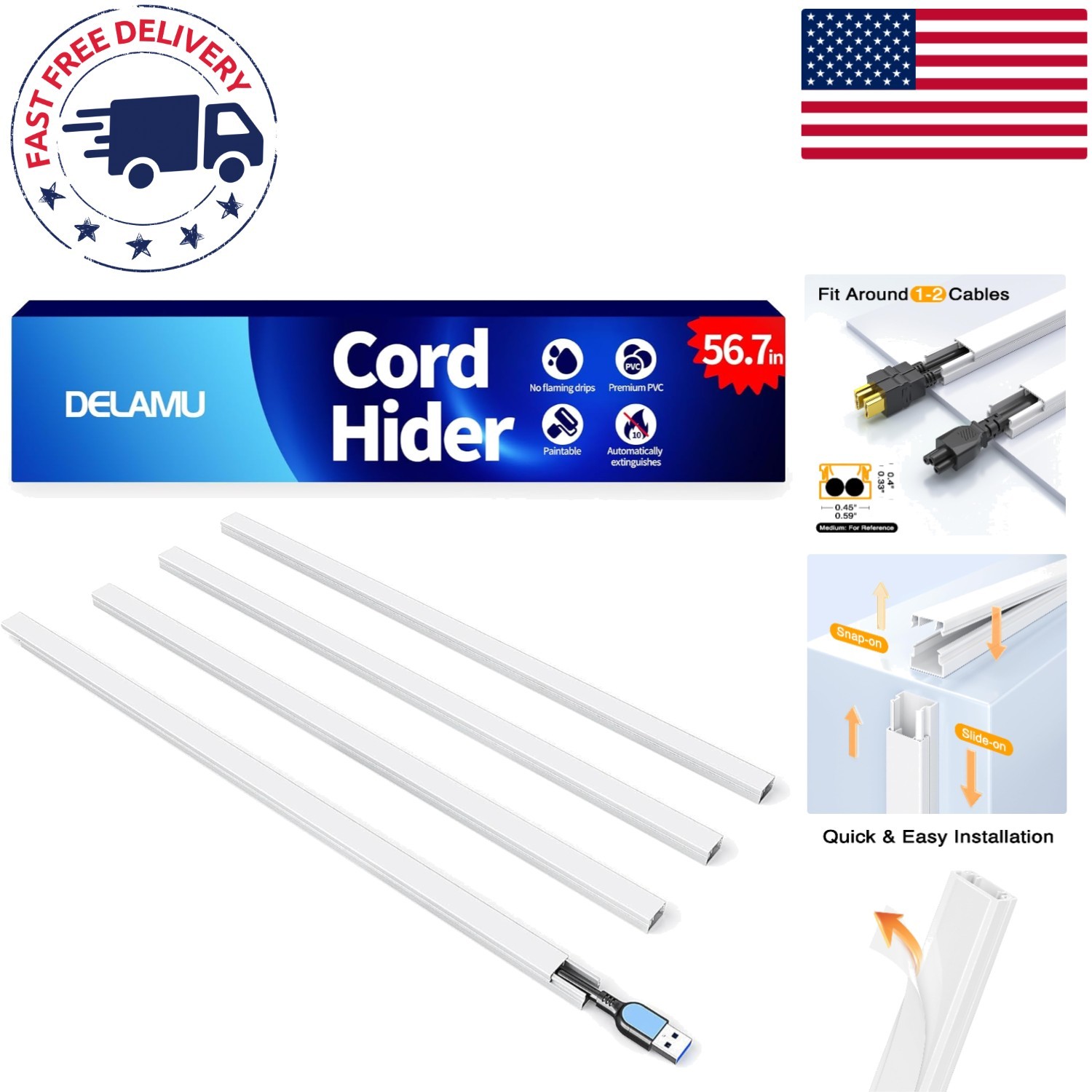 UL94 V-0 Rated 56.7in Cord Hider - Stylish, Paintable Cable Covers for Home