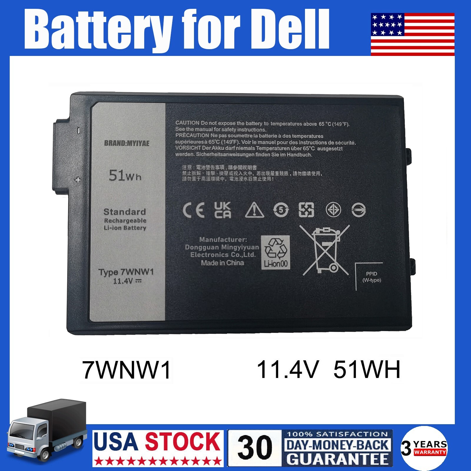 7WNW1 Laptop Battery For Dell Latitude 7424 5424 5420 Rugged Extreme 51Wh 11.4V