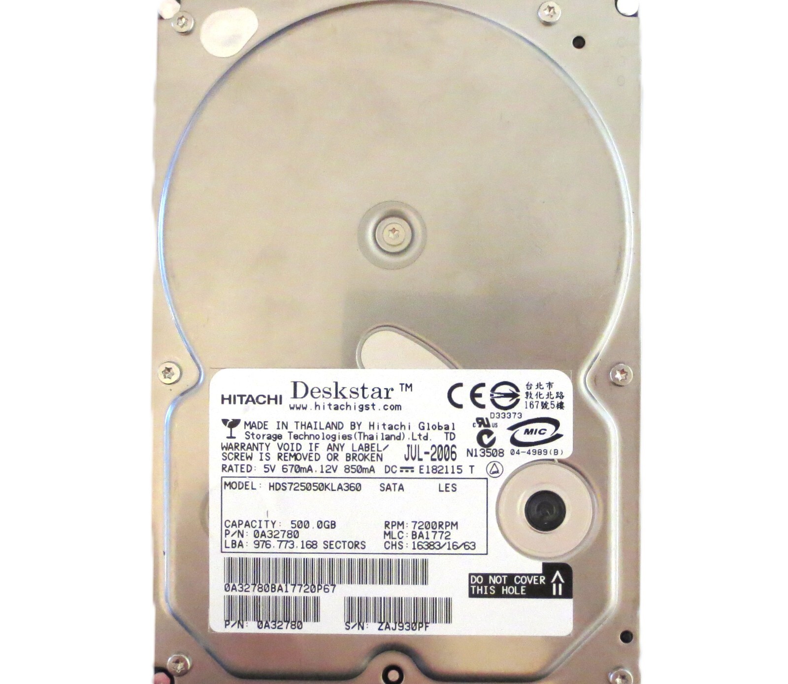 Hitachi HDS725050KLA360 0A32780 BA1772 (ZAJ) Thailand 500gb 3.5" Sata JUL-2006