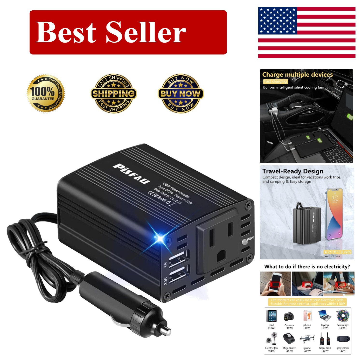 Ampeak 150W Car Power Inverter 12V Dc To 120V Ac Converter Plug In Adapter 4.8A