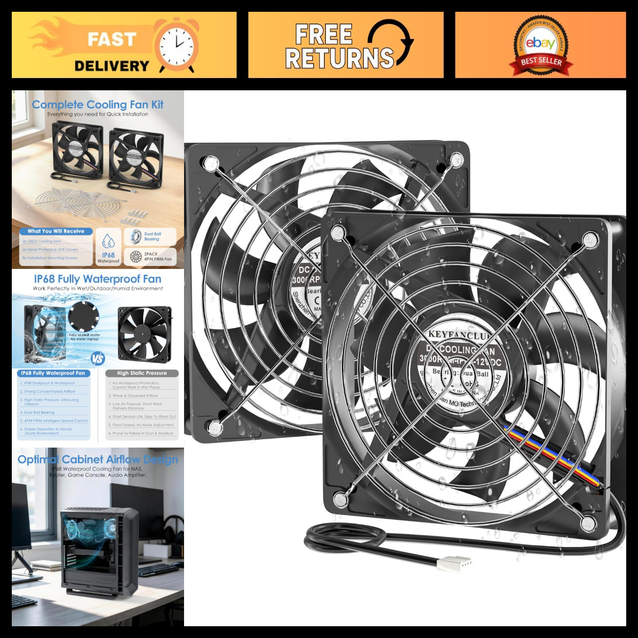 IP68 Waterproof 12V DC 4-Pin PWM Cooling Fans - 120mm x 25mm, 2 Pack for PC