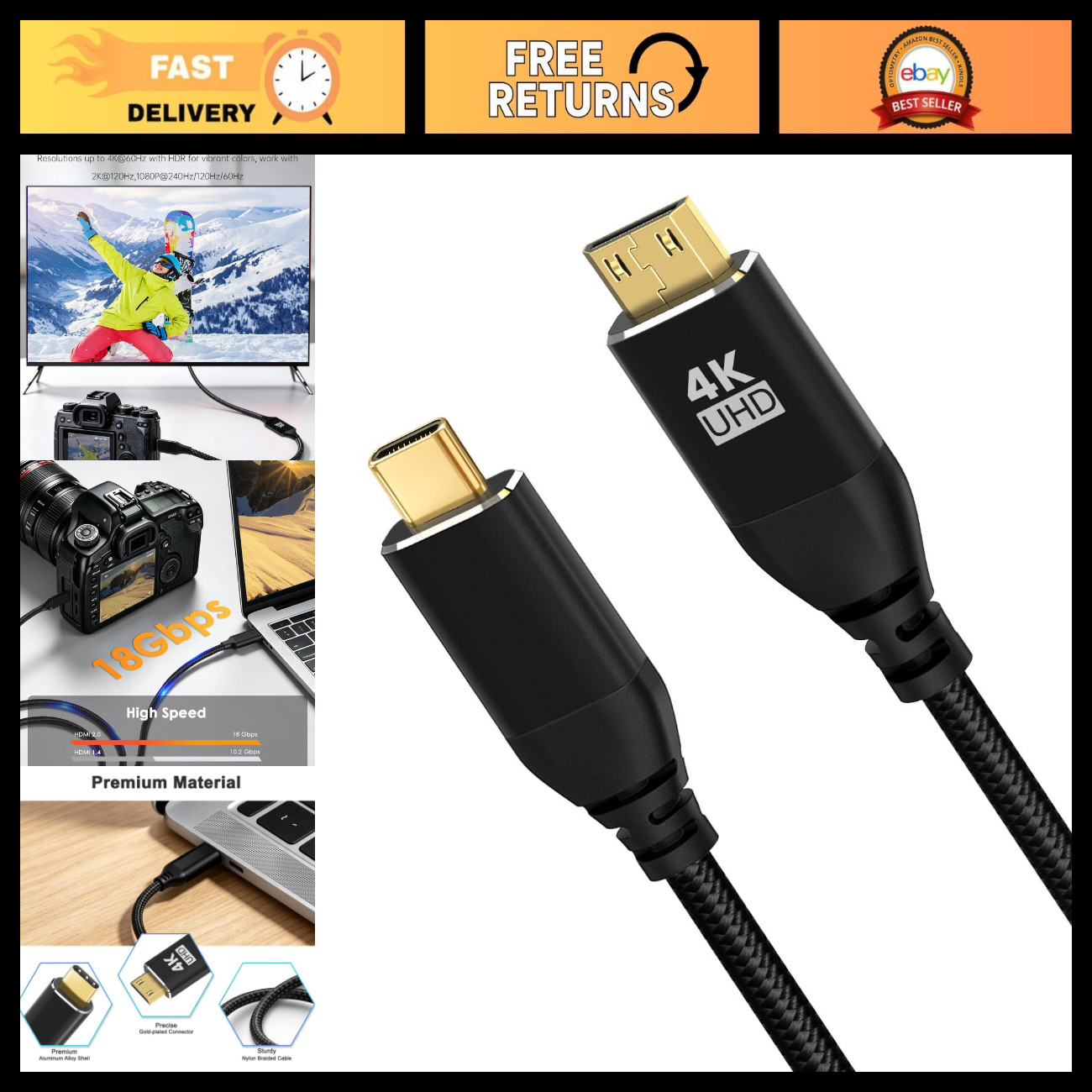 4K Mini HDMI to USB-C Cable 6FT, 60Hz for DSLR Cameras & Portable Monitors