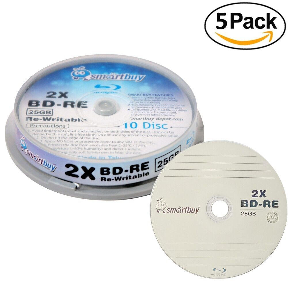 50 Pack Smartbuy 2x 25GB Blue Blu-ray BD-RE Rewritable Branded Logo Blank Disc