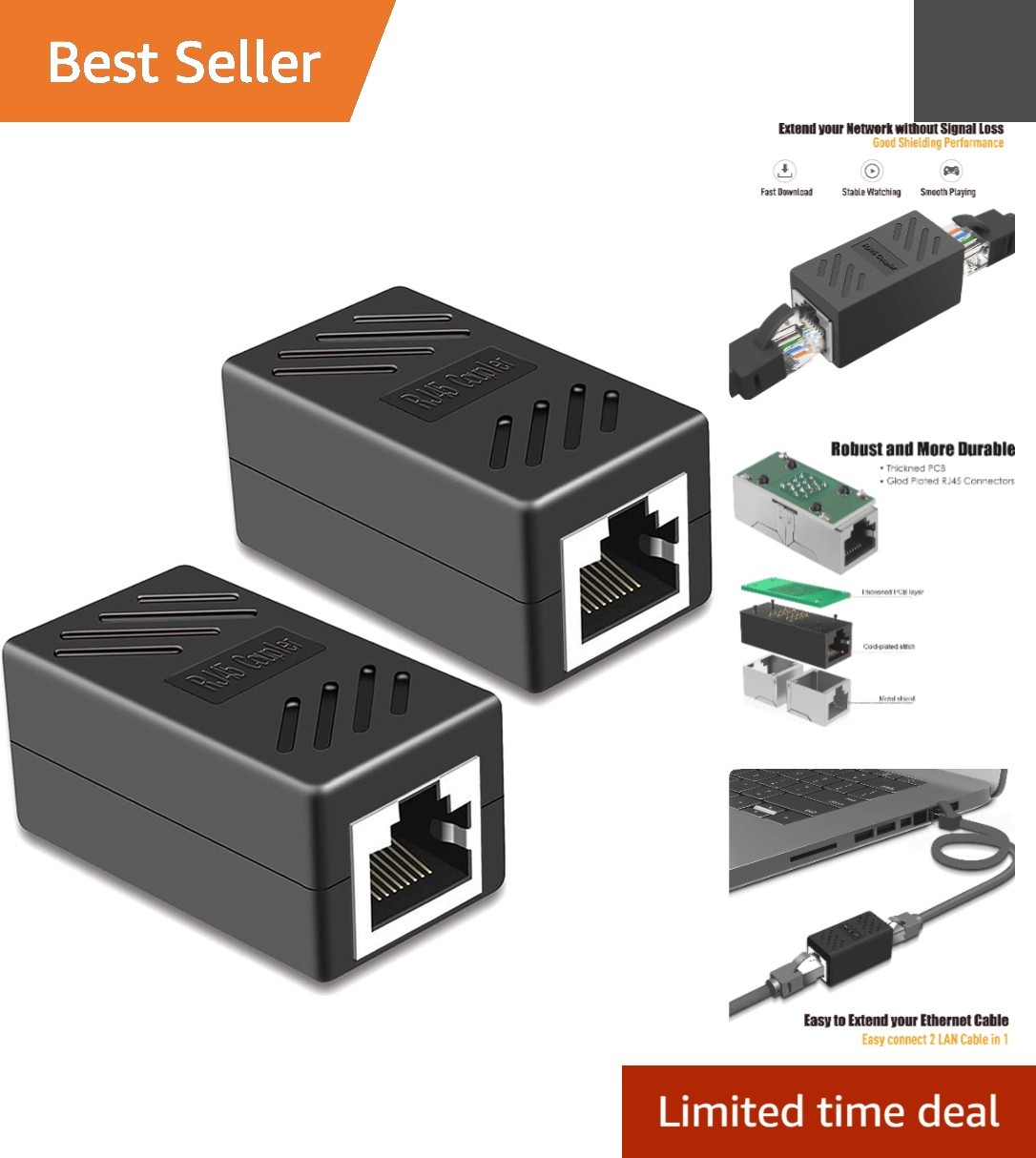 Black RJ45 Female to Female Coupler 2-Pack - Fast 10Gbps Ethernet Connection