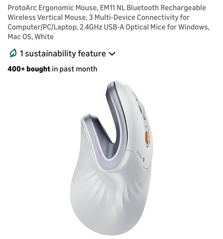 ProtoArc EM11 Ergonomic Vertical Wireless Mouse Rechargeable BT 2.4GHz 3-Device