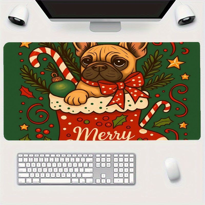 Cute French Bulldog Christmas Mouse Pad, Green Desk Mat, Festive-Themed Office