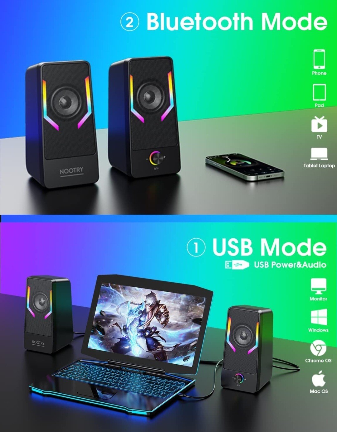 NOOTRY Gaming Speakers PC Surround Sound System  Bass USB Desktop Computer RGB 
