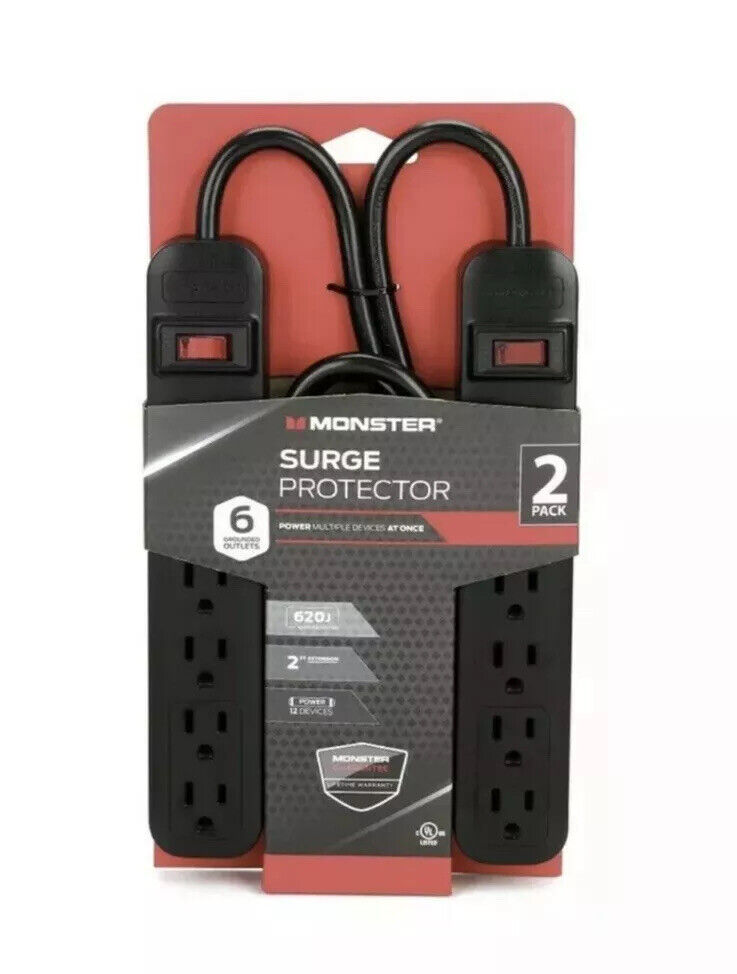 MONSTER SURGE PROTECTOR 6 GROUNDED OUTLET 2 PACK 620J 2 FT EXTENSION NEW