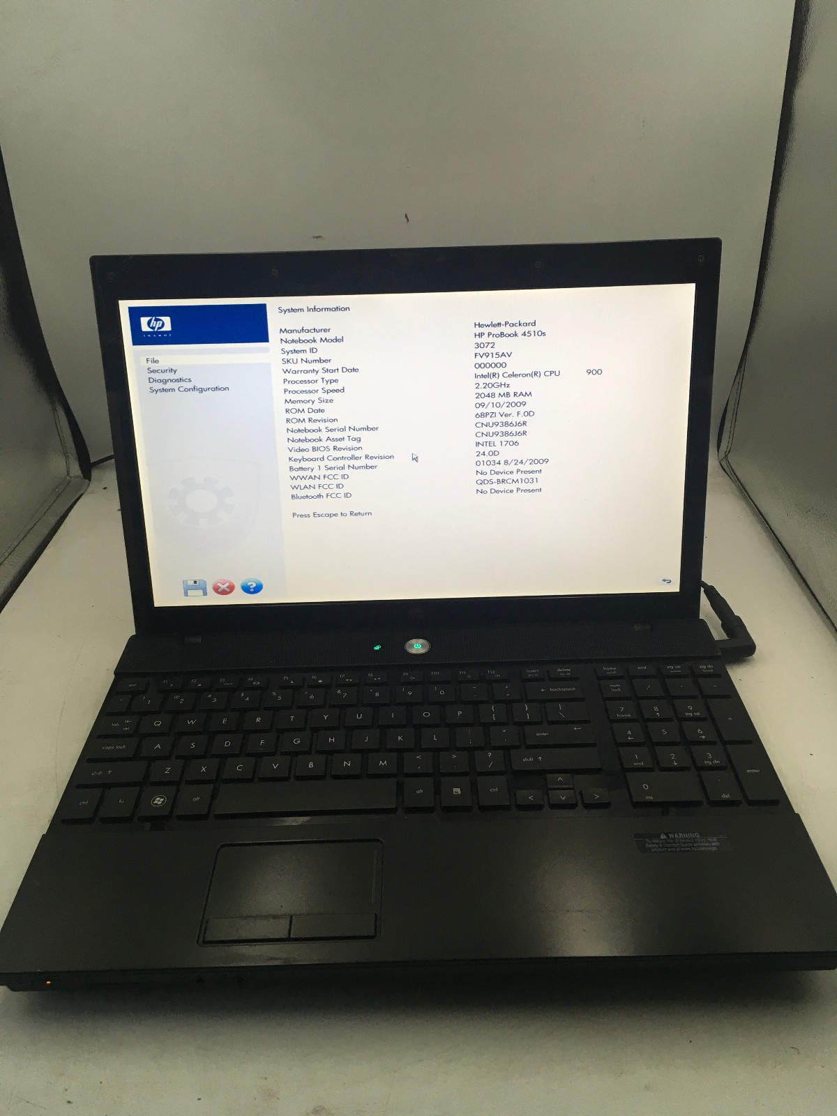HP PROBOOK 4510S - BOOTS TO BIOS - INTEL CELERON 900 - 2GB RAM -READ DESCRIP- BB
