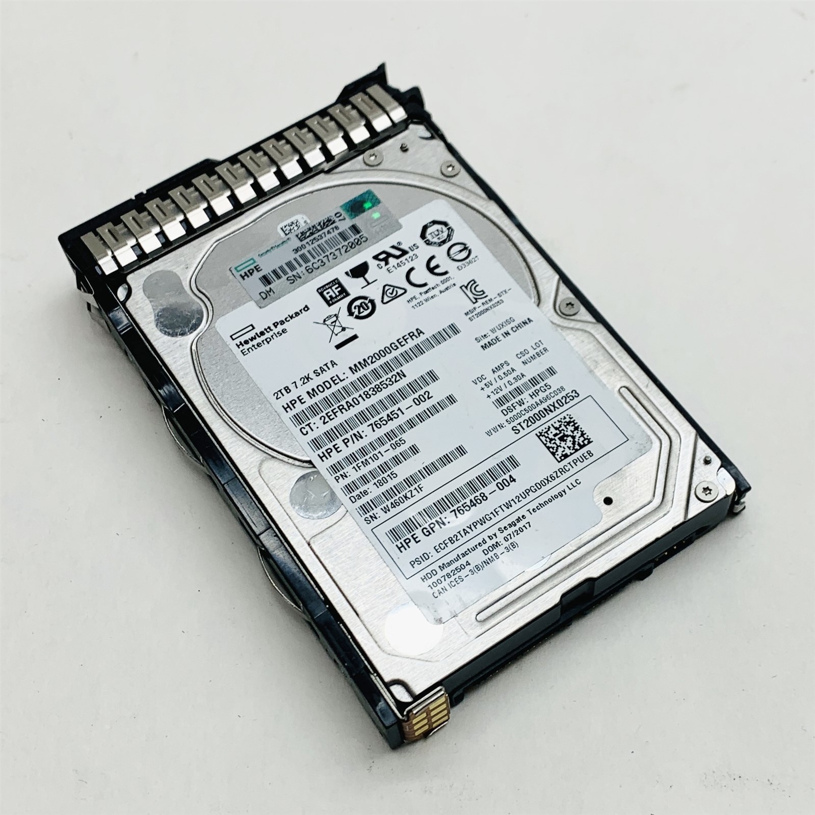 HPE MM2000GEFRA 2TB 2.5" 7.2K SATA Server HDD 765451-002 w/Caddy (100% Health)