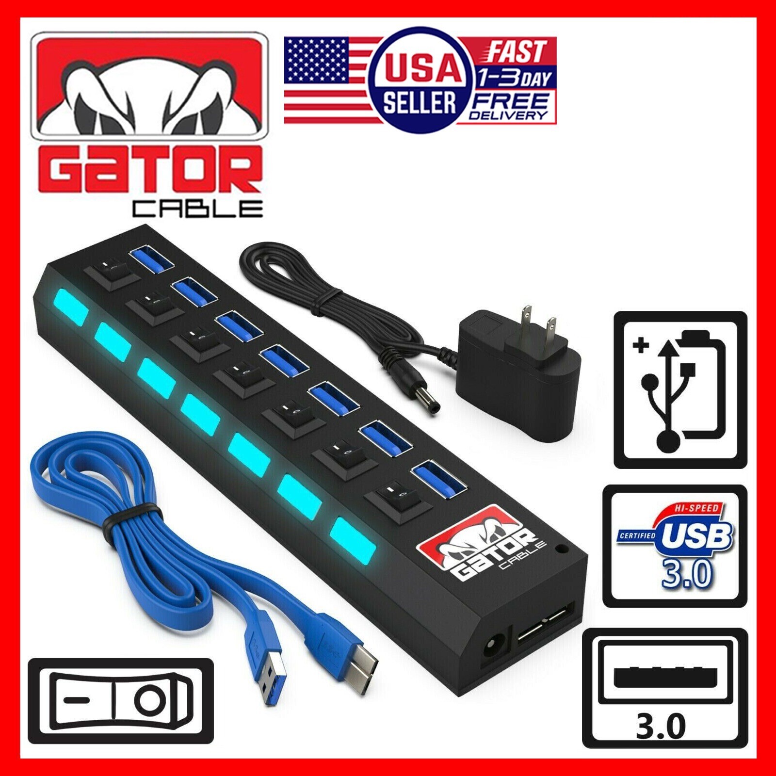 USB 3.0 Hub Charger Switch Splitter Powered AC Adapter 7 Port PC Laptop Desktop