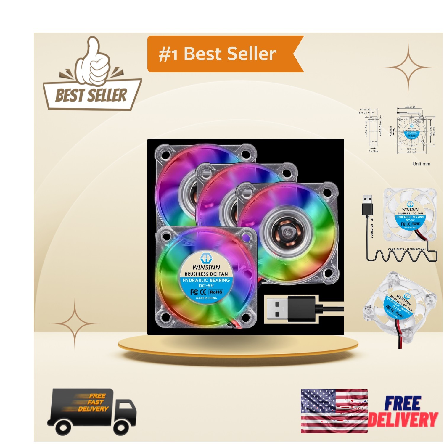 Pack of 4: 40mm RGB USB Fans for Stylish Cooling Solutions (Brushless & Quiet)