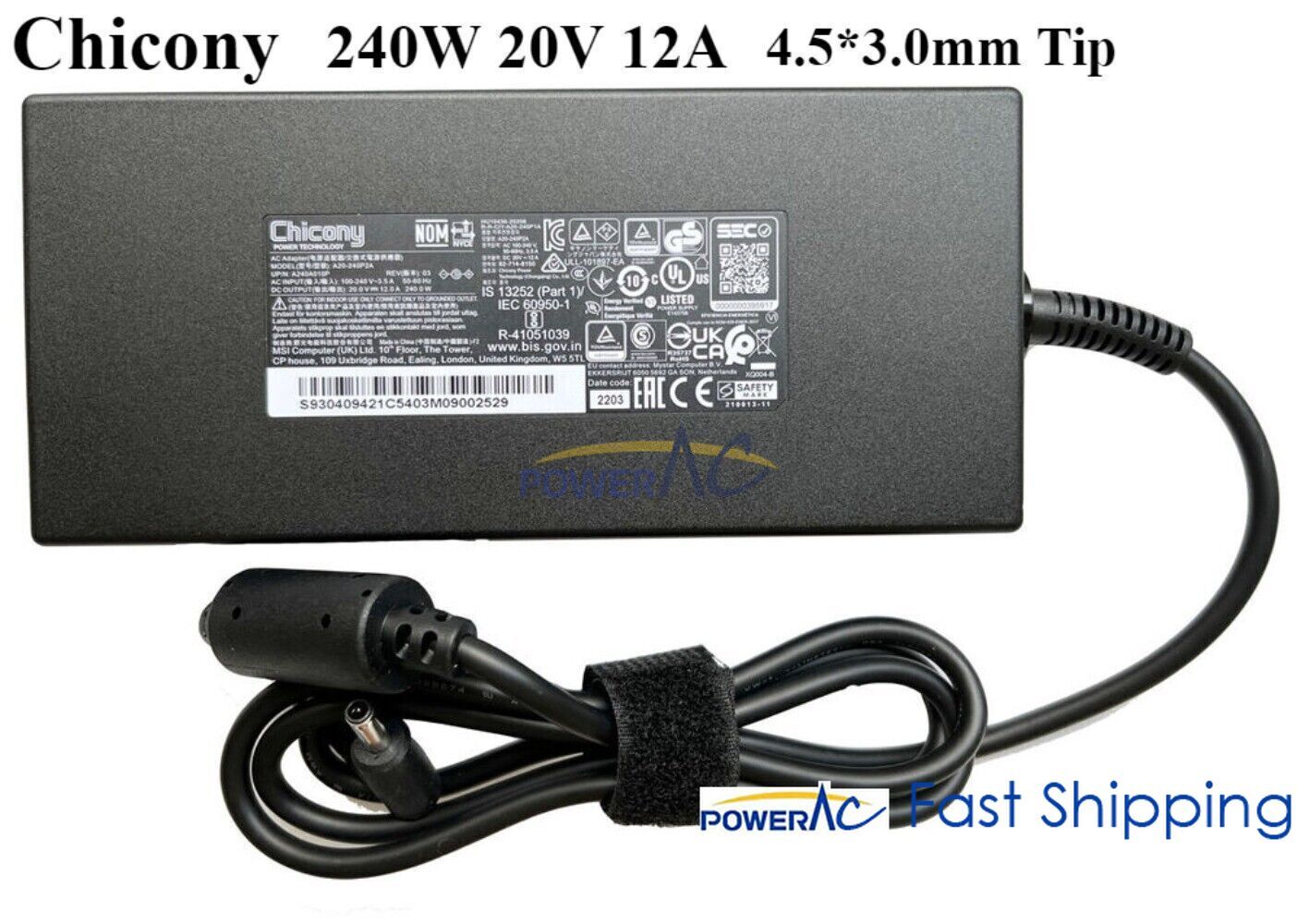 Original 20V 12A 240W AC Adapter for MSI katana 15 b13vgk-484us 4.5mm Charger