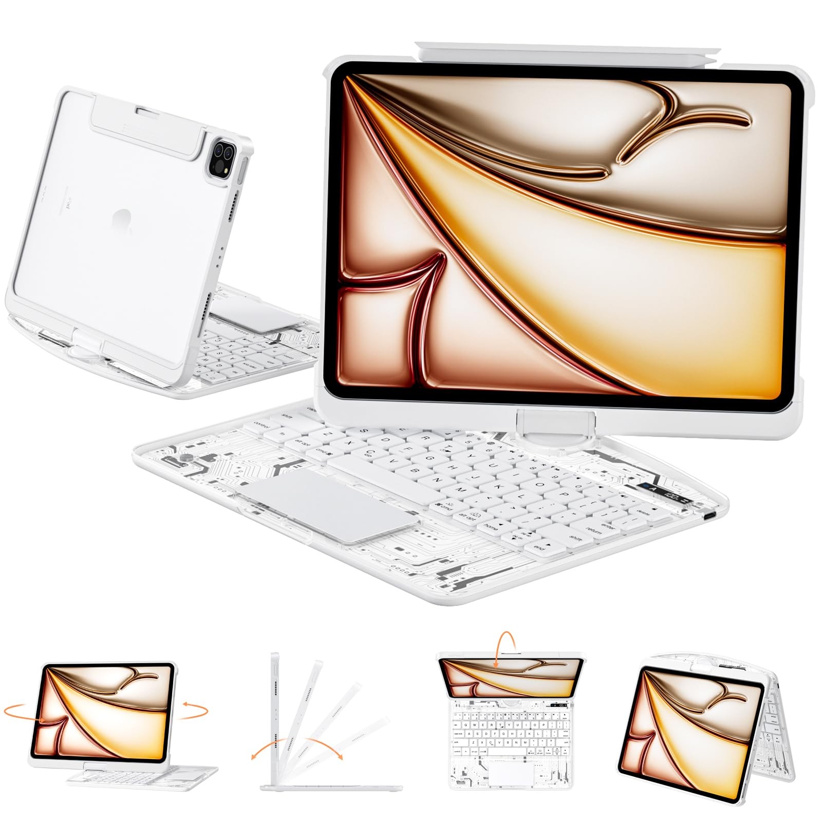 Tiaota Transparent Case Keyboard For iPad Pro 13 M4 360 Rotating Trackpad White