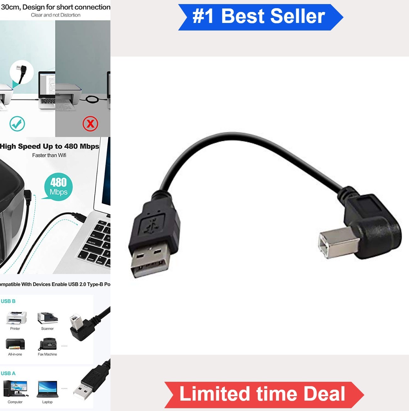 USB 2.0 Printer Cable 12 Inch Right Angle B Male to A Male 480Mbps Black for